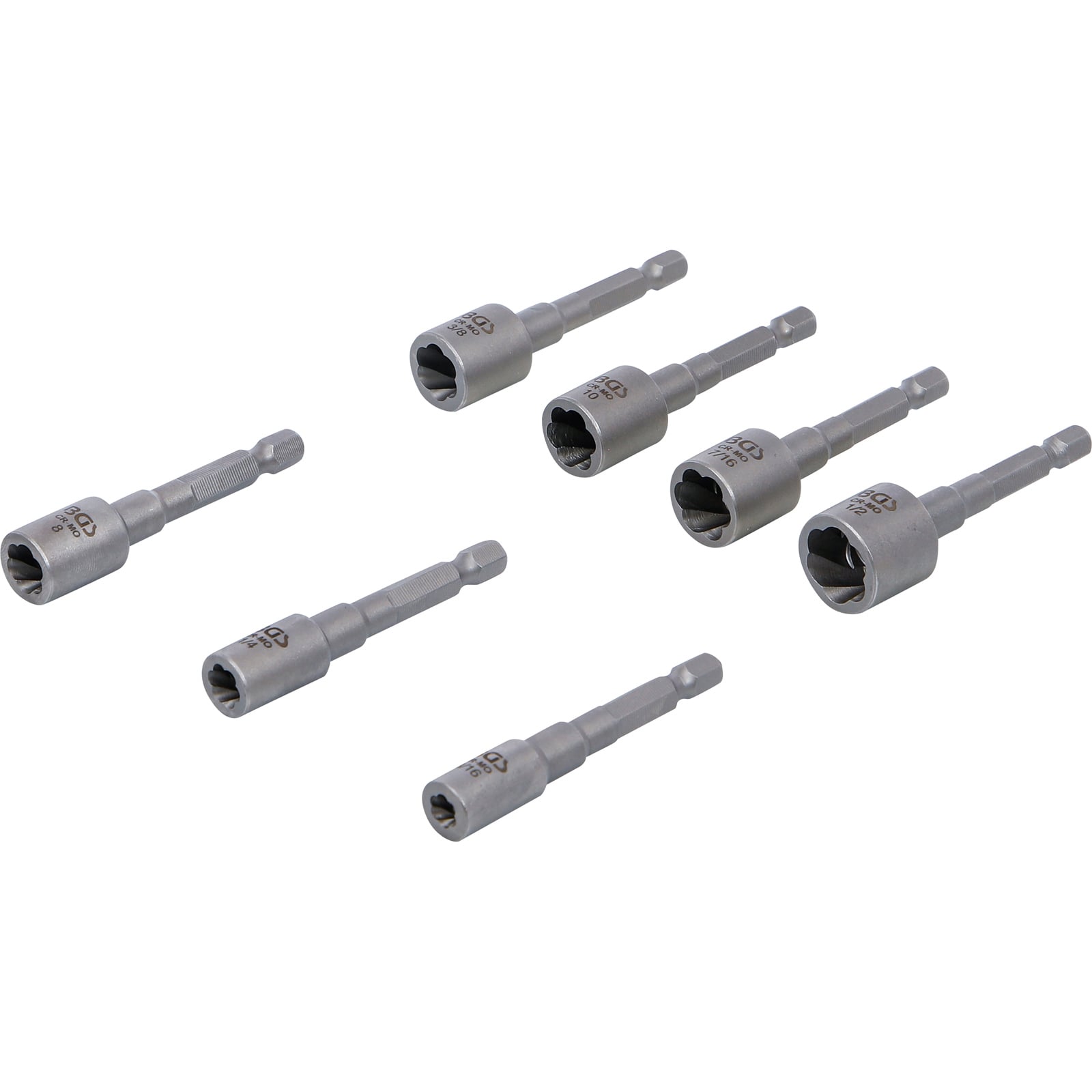 BGS Ausdreh-Satz für Schrauben und Muttern | Antrieb Außensechskant 6,3 mm (1/4") | für Bohrmaschinen | 7-tlg. - 74562