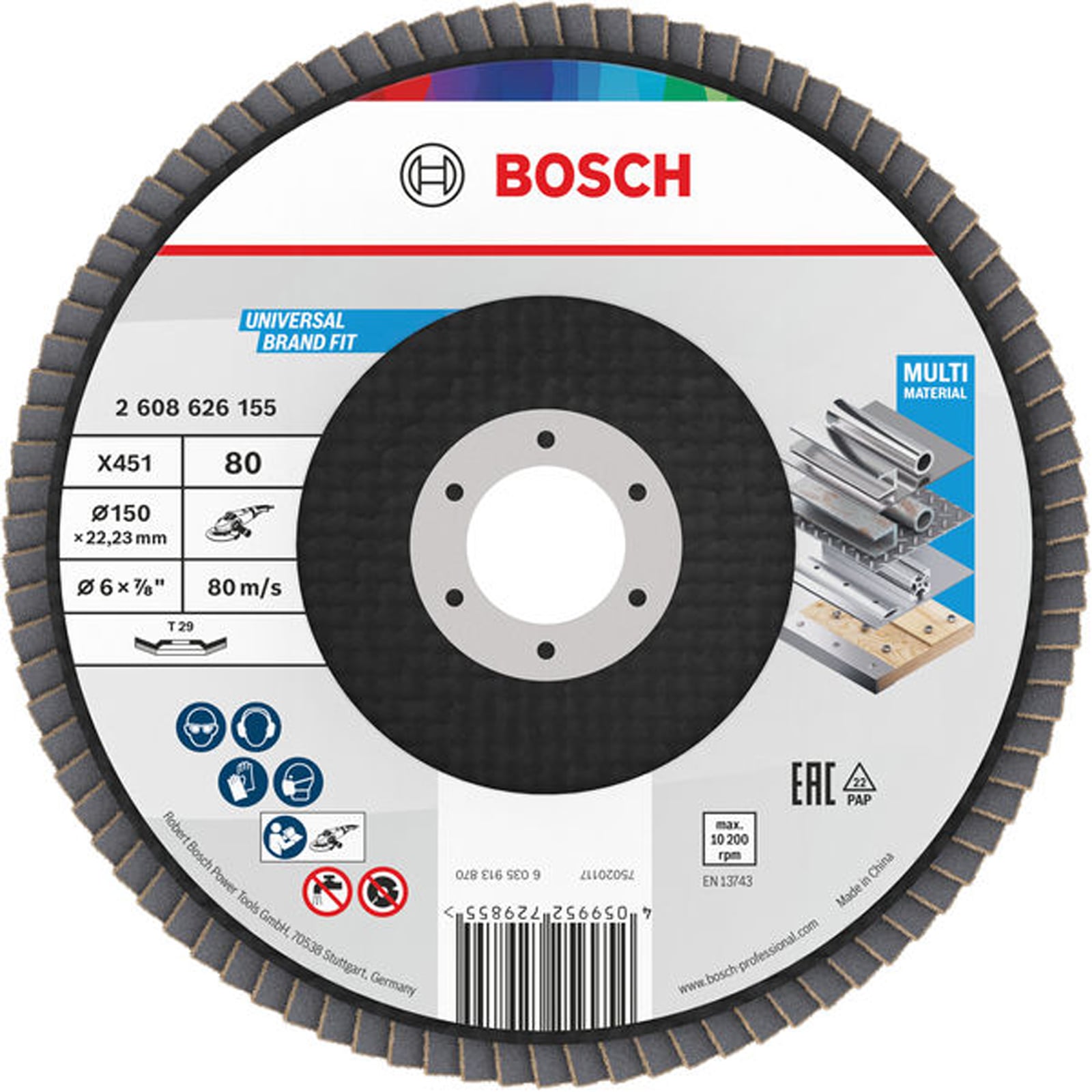 Bosch X451 Fächerschleifscheibe, 150 x 22,23 mm, K80, Z29, 15-tlg
