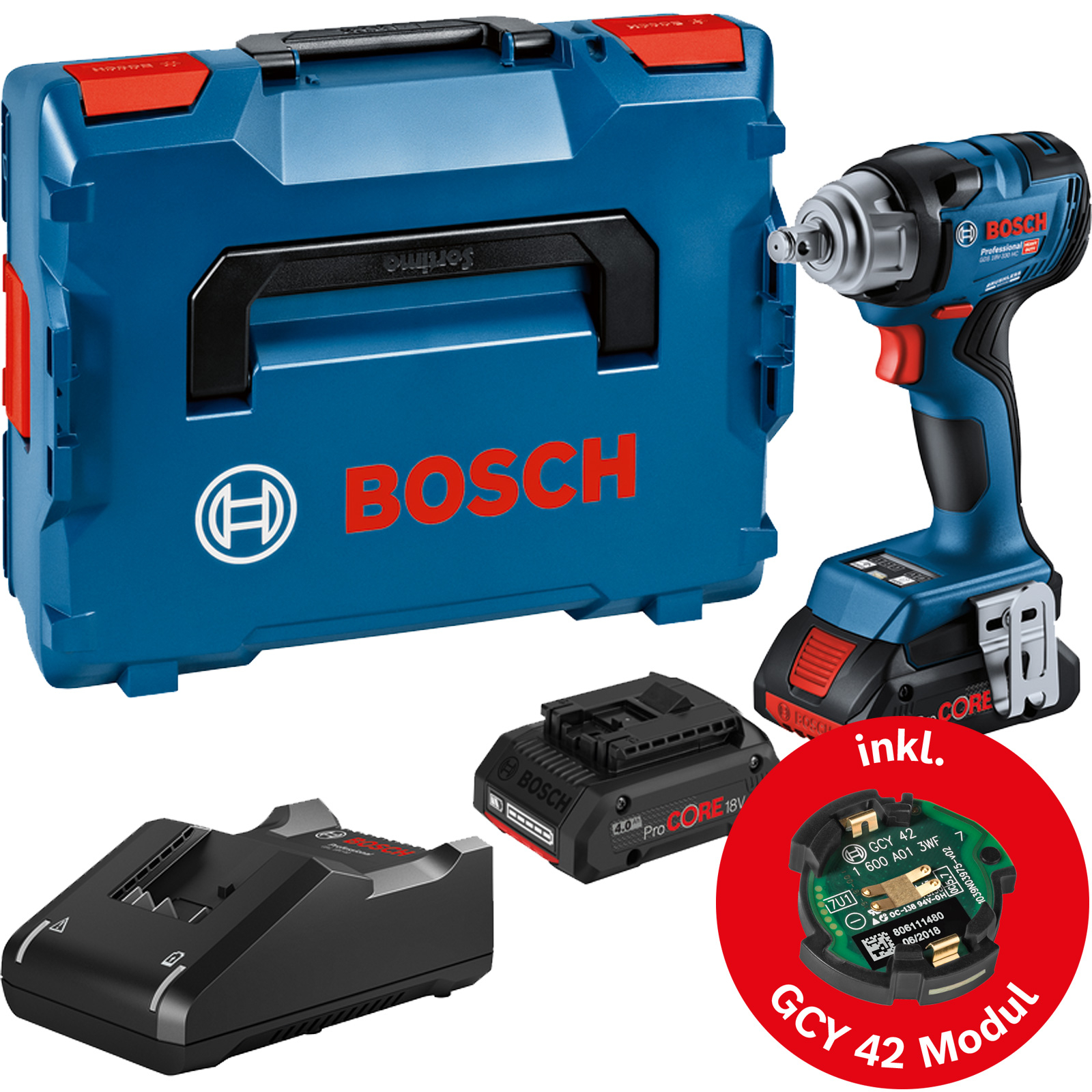 Bosch Akku-Drehschlagschrauber GDS 18V-330 HC / 2x 4,0 Ah ProCORE18V Akku + Ladegerät inkl. GCY 42 in L-Boxx - 06019L5002