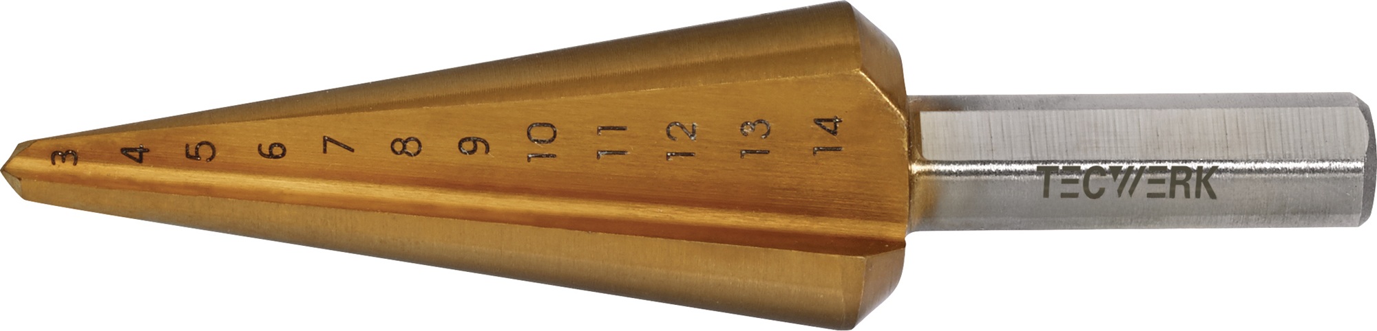 Blechschälbohrer Bohrber.3-14mm HSS TiN Gesamt-L.58mm Z.2 TECWERK