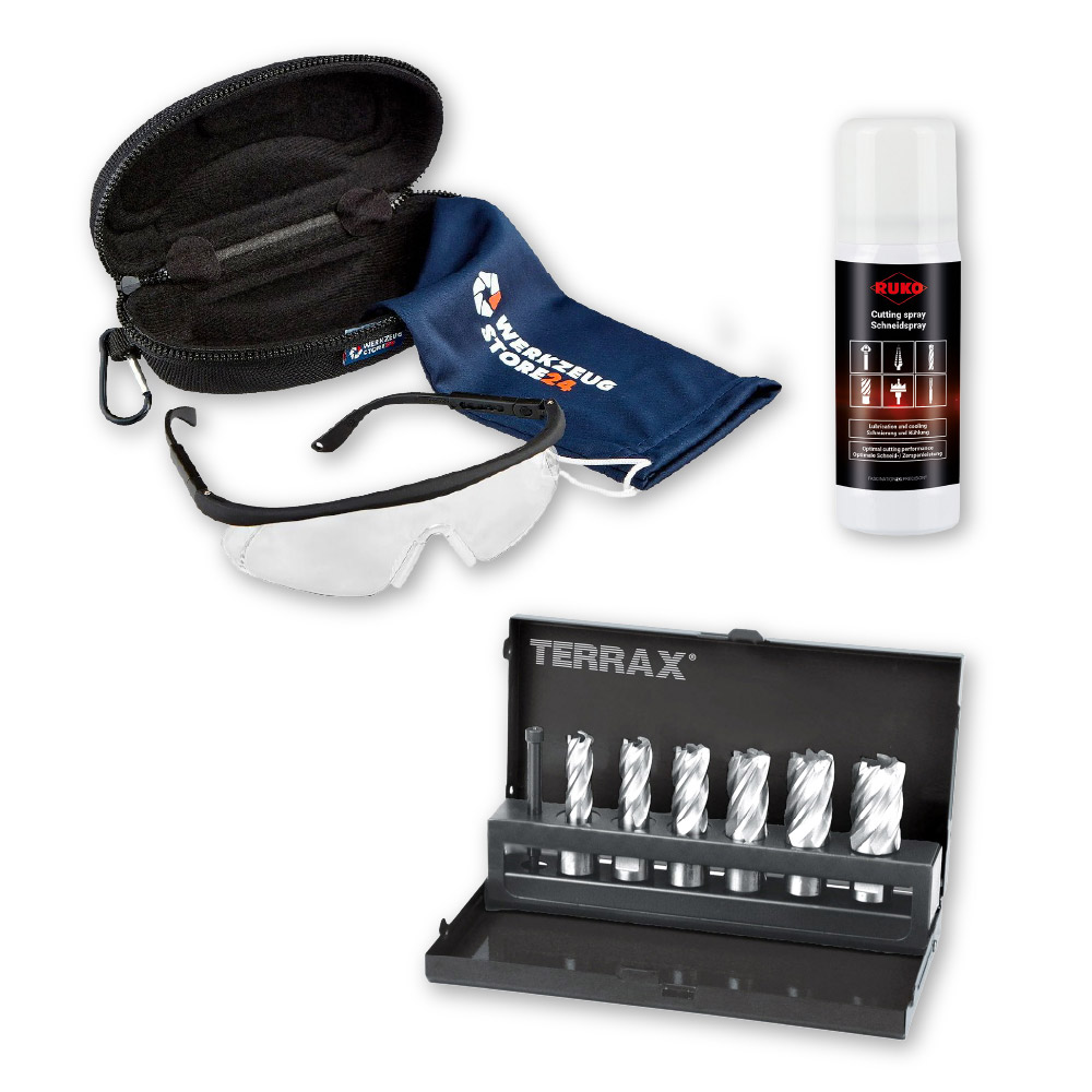 TERRAX by RUKO Kernbohrer-Satz HSS 7tlg. Schneidöl-Spay Schutzbrille in Etui 9tlg. Set - WZS108820