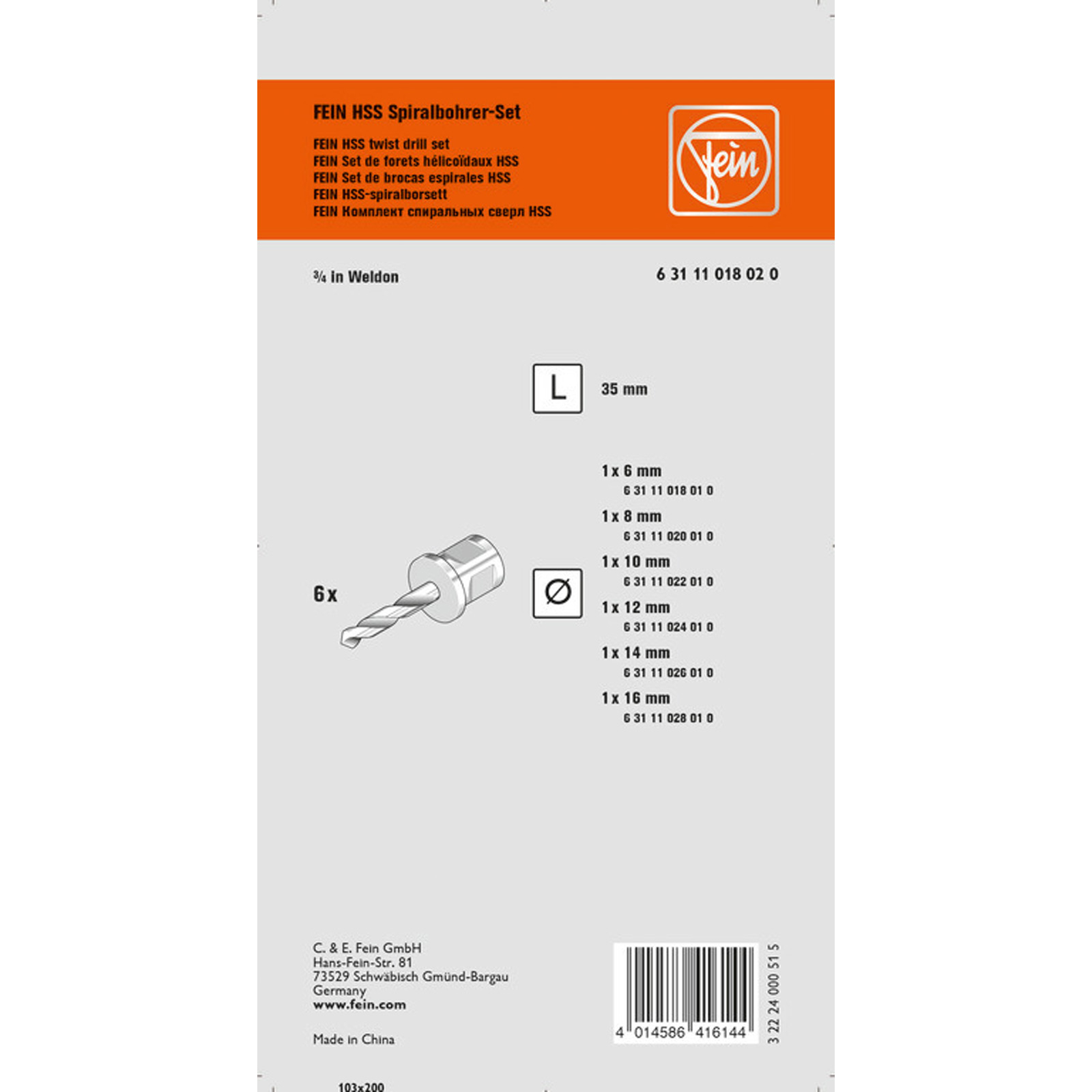 Fein HSS Spiralbohrer-Set mit 3/4 in Weldon-Aufnahme 6 - 16 mm - 63111018020