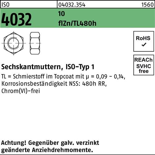 Sechskantmutter ISO 4032 M6 10 zinkbesch. Gleitmittel flZnnc 480h-L 1000 Stück