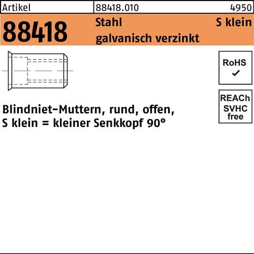 Blindnietmutter R 88418 SEKO M4 /0,25-3,0 Stahl galv.verz. 500St.
