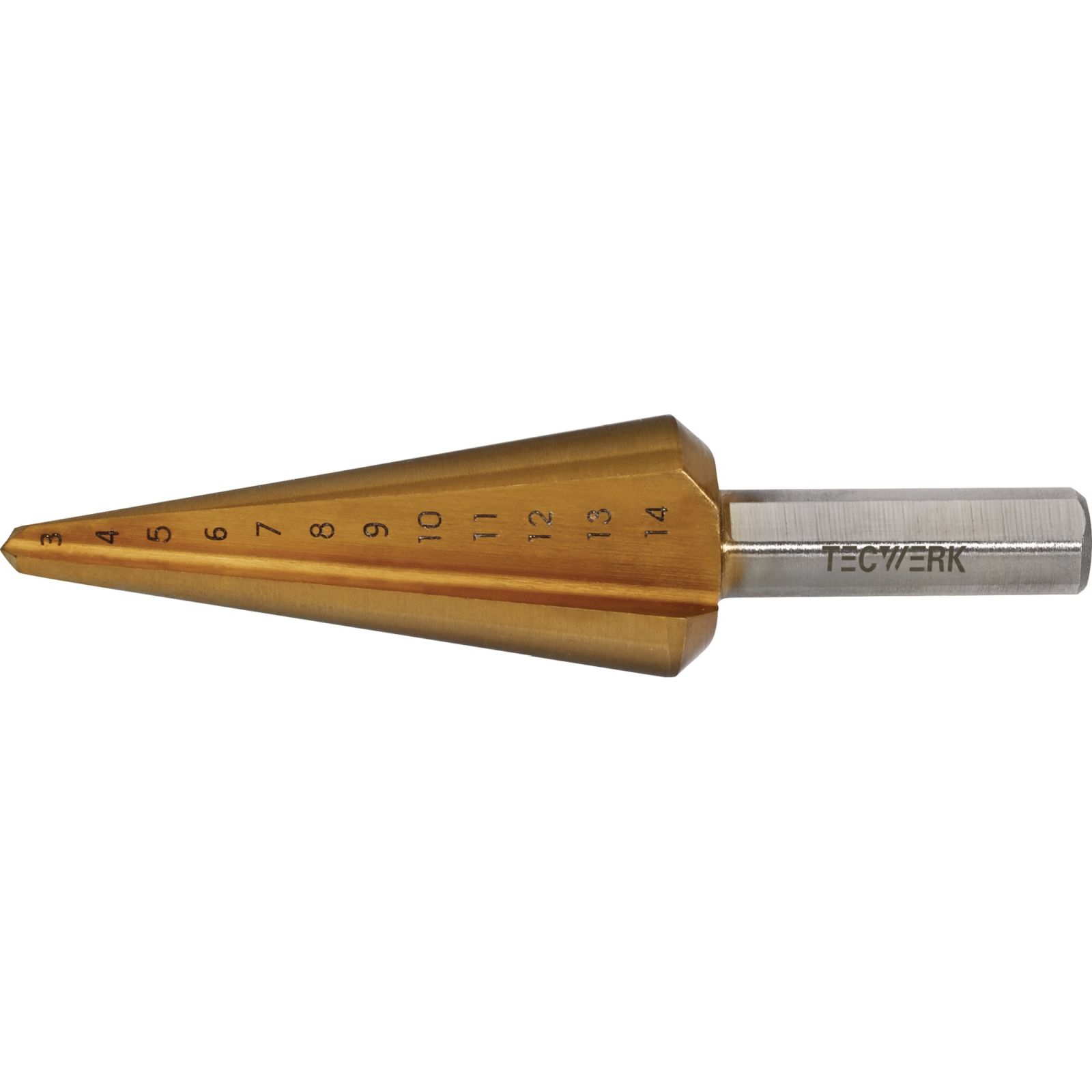 Blechschälbohrer Bohrber.3-14mm HSS TiN Gesamt-L.58mm Z.2 TECWERK