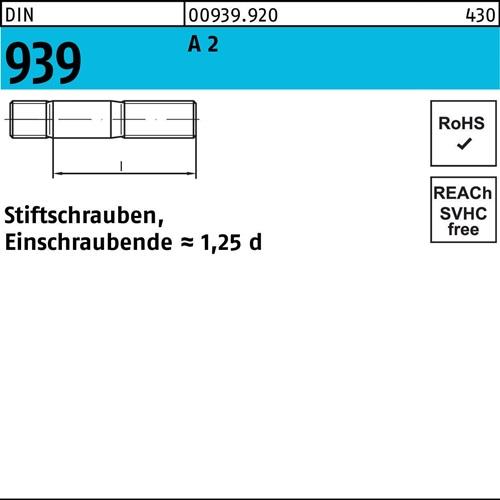 Stiftschraube DIN 939 M16x 90 A 2 Einschraubende=1,25d 10 Stück