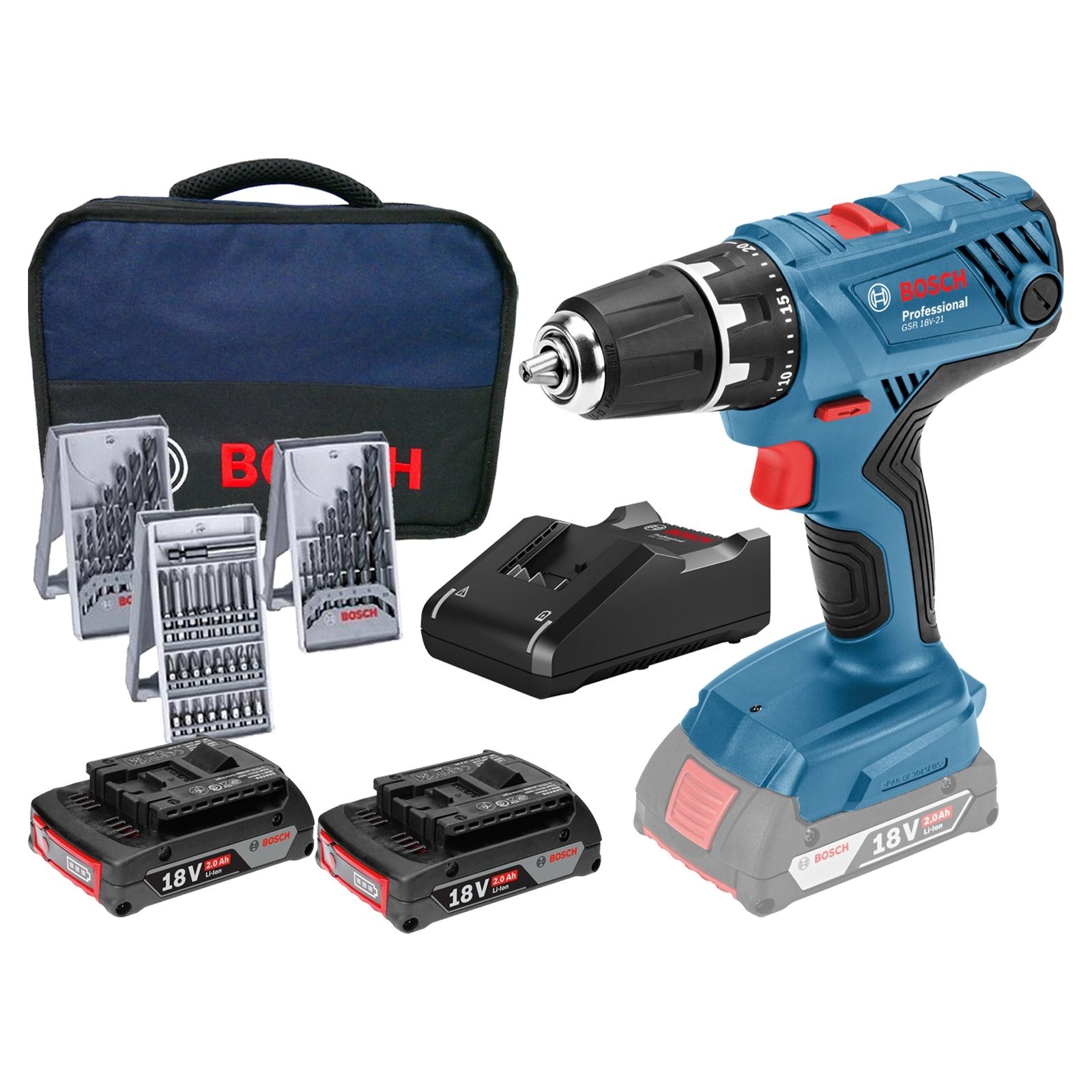 Bosch Akku-Bohrschrauber GSR 18V-21 / 2x 2,0 Ah Akku + Ladegerät im Softbag inkl. Zubehör-Set