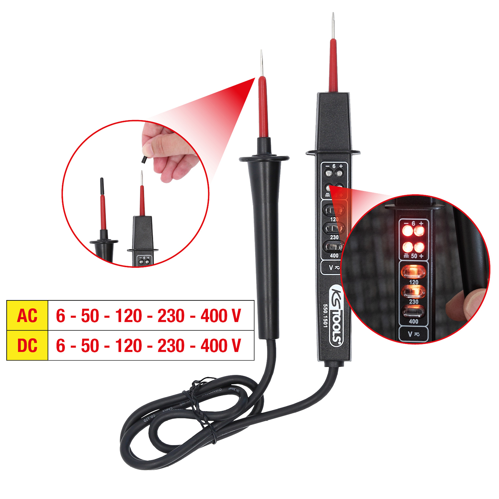 KS TOOLS Polaritäts- und Spannungsprüfer mit Schutzisolierung 6-400 V - 550.1501
