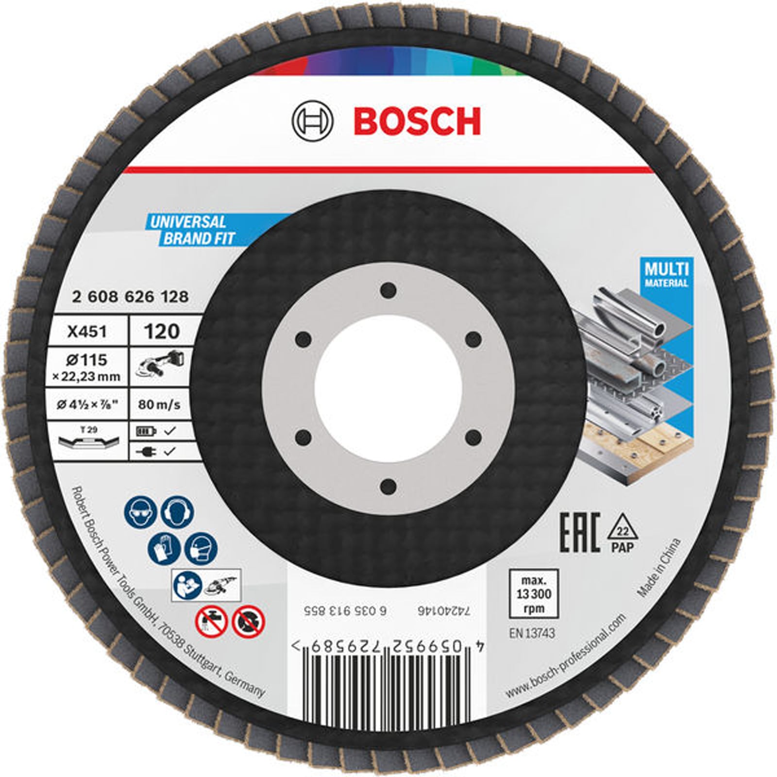 Bosch X451 Fächerschleifscheibe, 115 x 22,23 mm, K120, Z29, 15-tlg