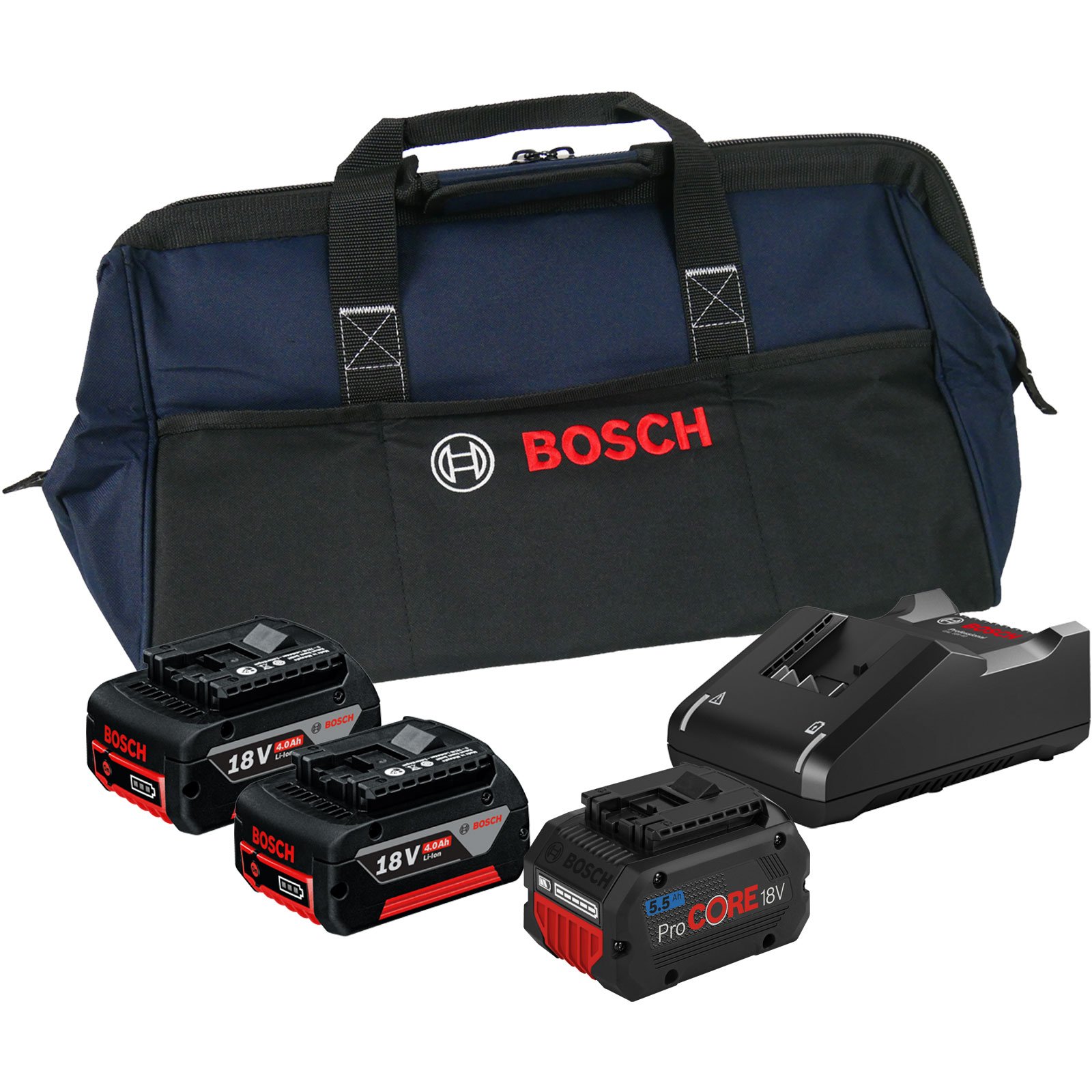 Bosch Starter-Set 18V / 2x 4,0 Ah Akku + 1x 5,5 Ah ProCORE18V Akku + Ladegerät GAL 18V-40 in Handwerkertasche