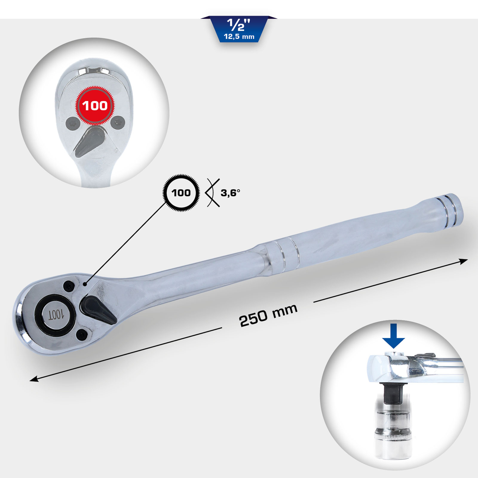 BRILLIANT TOOLS 1/2" Umschaltknarre mit Metallgriff 100 Zahn - BT022995