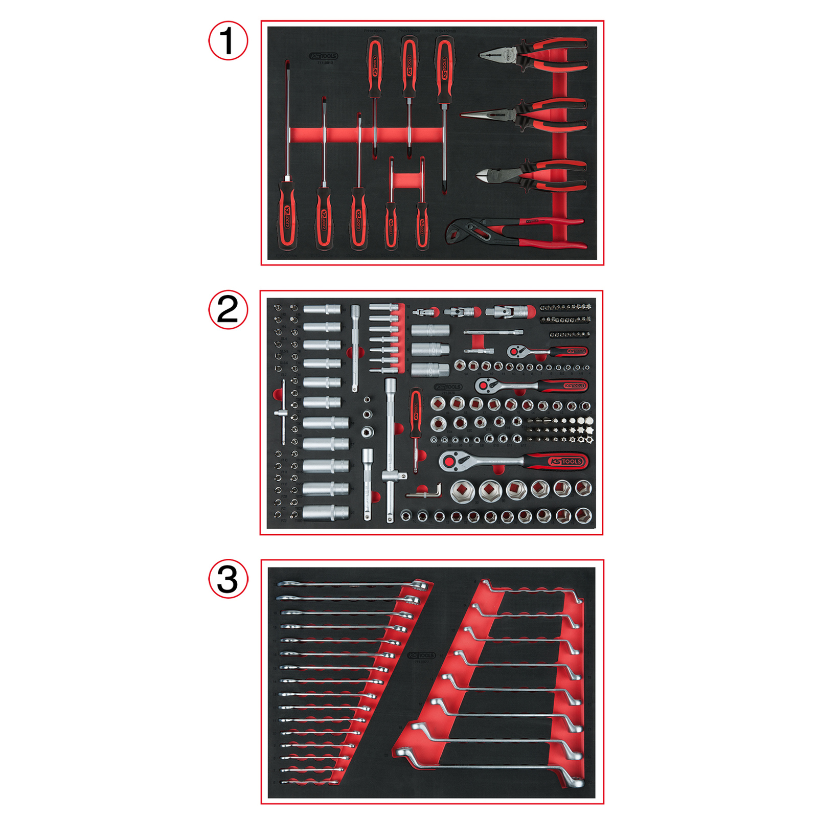 KS TOOLS Universal-Systemeinlagen-Satz für 3 Schubladen mit 215 Premium-Werkzeugen - 713.0215