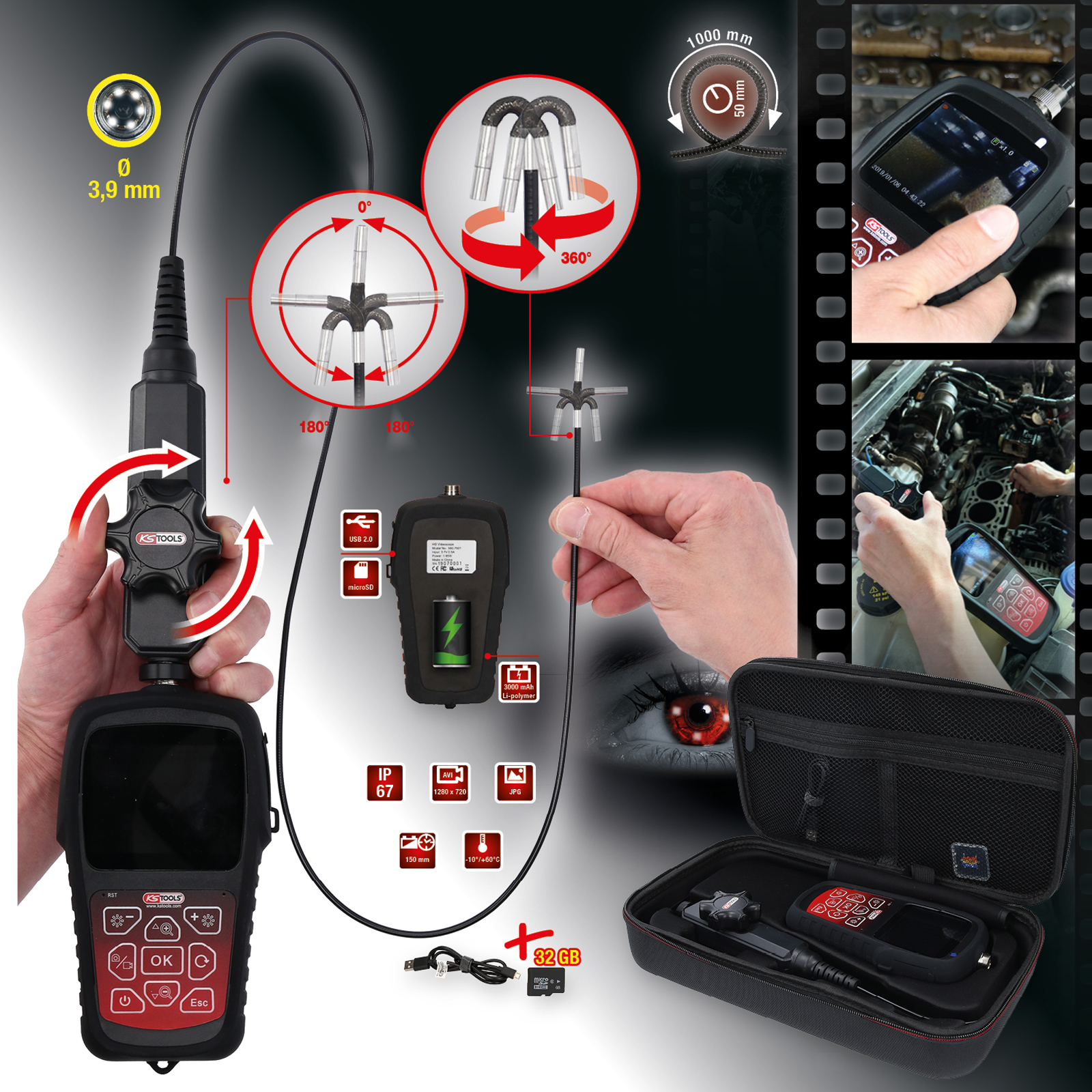 KS TOOLS HD-Videoskop-Satz mit Ø 3,9 mm 180° und 0° HD Frontkamera-Sonde flexible PVC Hülle 3tlg. - 550.7550