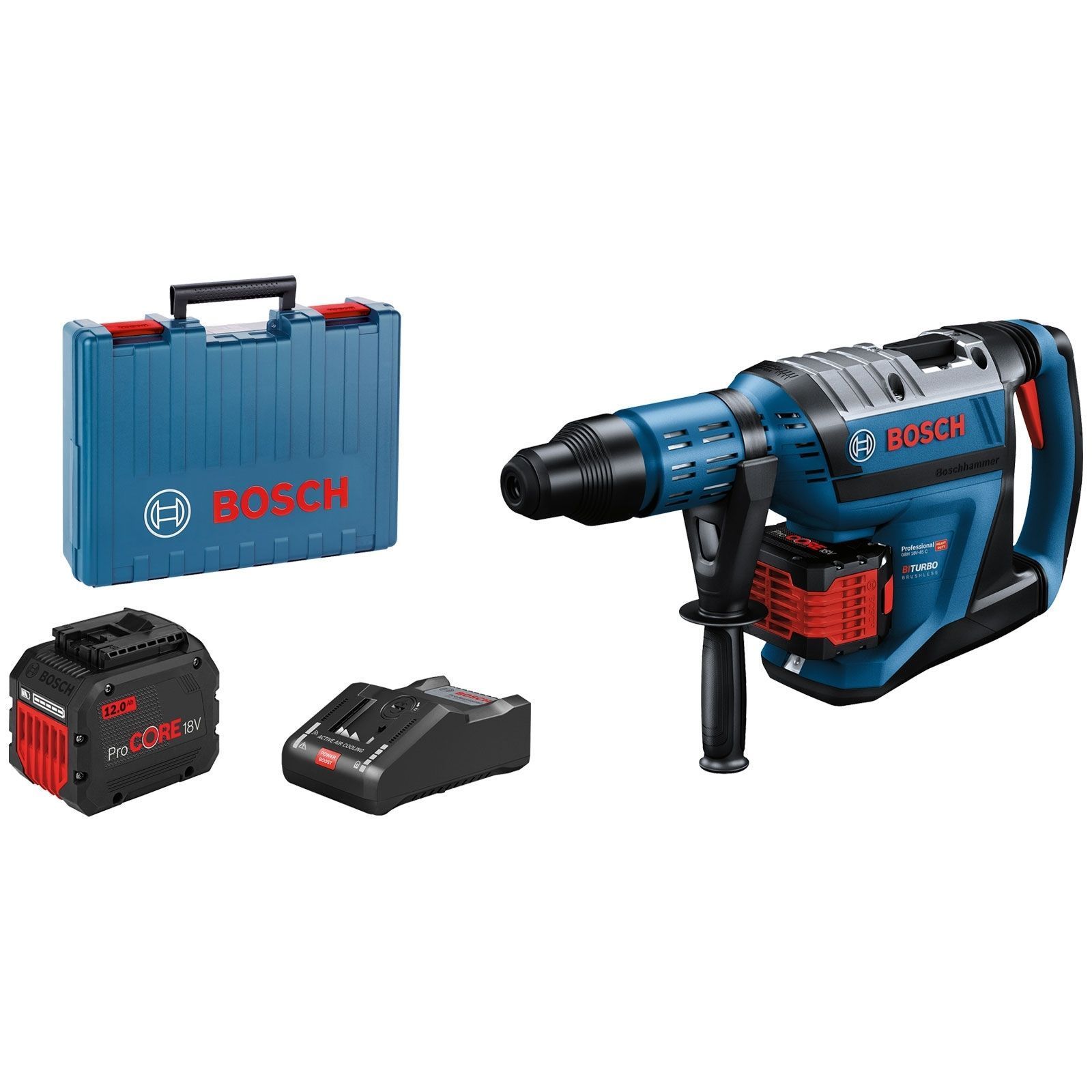 Bosch Akku-Bohrhammer BITURBO GBH 18V-45 C mit SDS max / 2x 12,0 Ah Akku + Ladegerät inkl. Zubehör-Set im Koffer - 0611913002