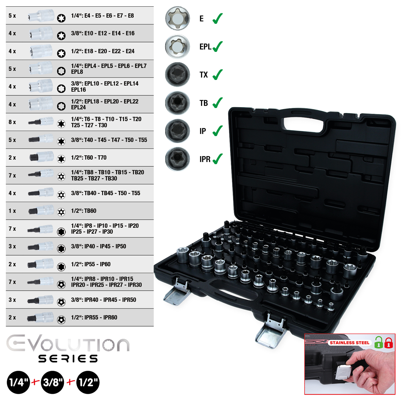 KS TOOLS 1/4"+3/8"+1/2" Torx-Steckschlüssel-Satz 77tlg. - 911.0077