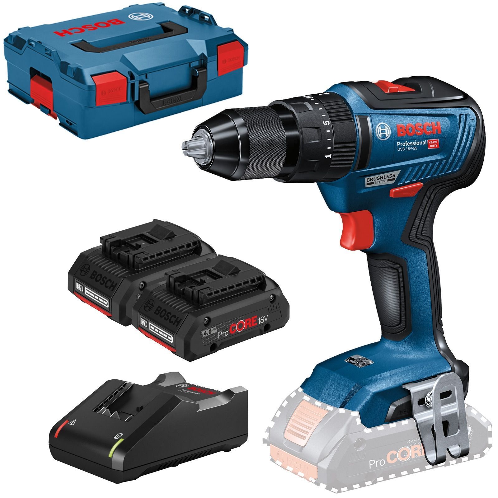 Bosch Akku-Schlagbohrschrauber GSB 18V-55 / 2x 4,0 Ah ProCORE18V Akku + Ladegerät in L-Boxx - 06019H5304