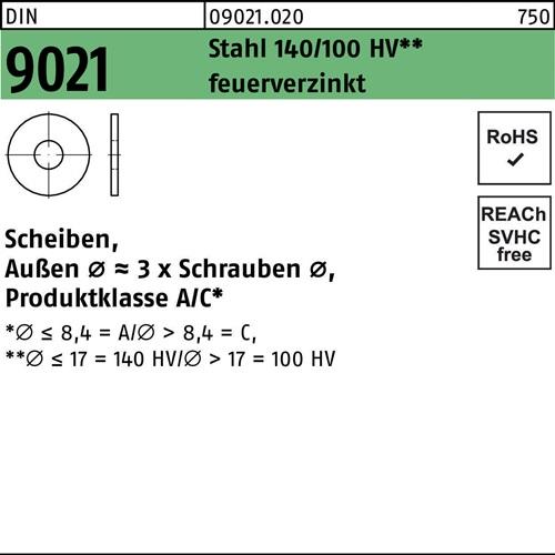 Unterlegscheibe DIN 9021 13x37x3 Stahl 140/100 HV feuerverz. 100 Stück