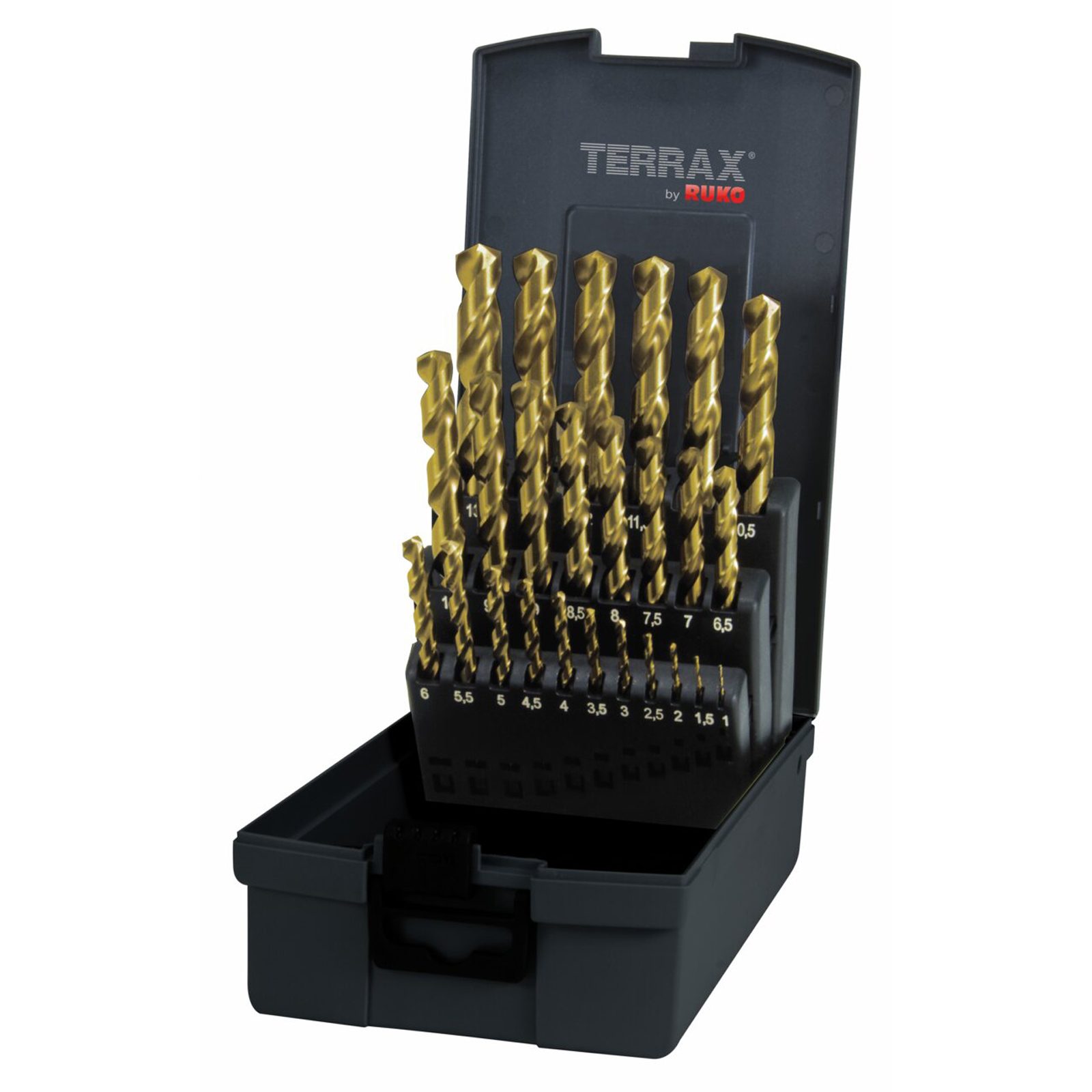 TERRAX by RUKO Spiralbohrer-Satz DIN 338 Typ N, HSS-G TiN - 25 tlg. (Kassette Kunststoff) - A250215TRO