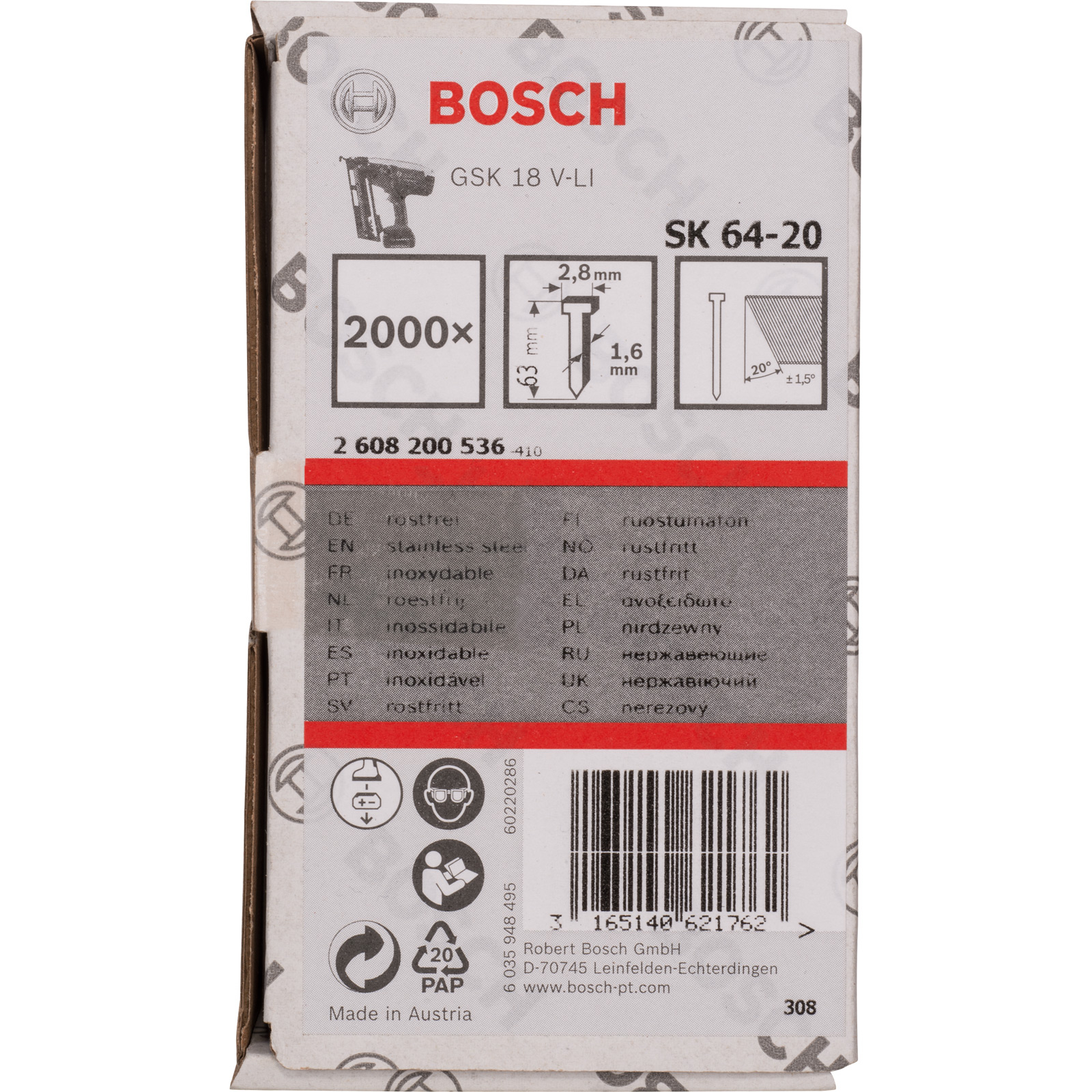 Bosch Senkkopf-Stift SK64 20NR, 63 mm Edelstahl - 2608200536