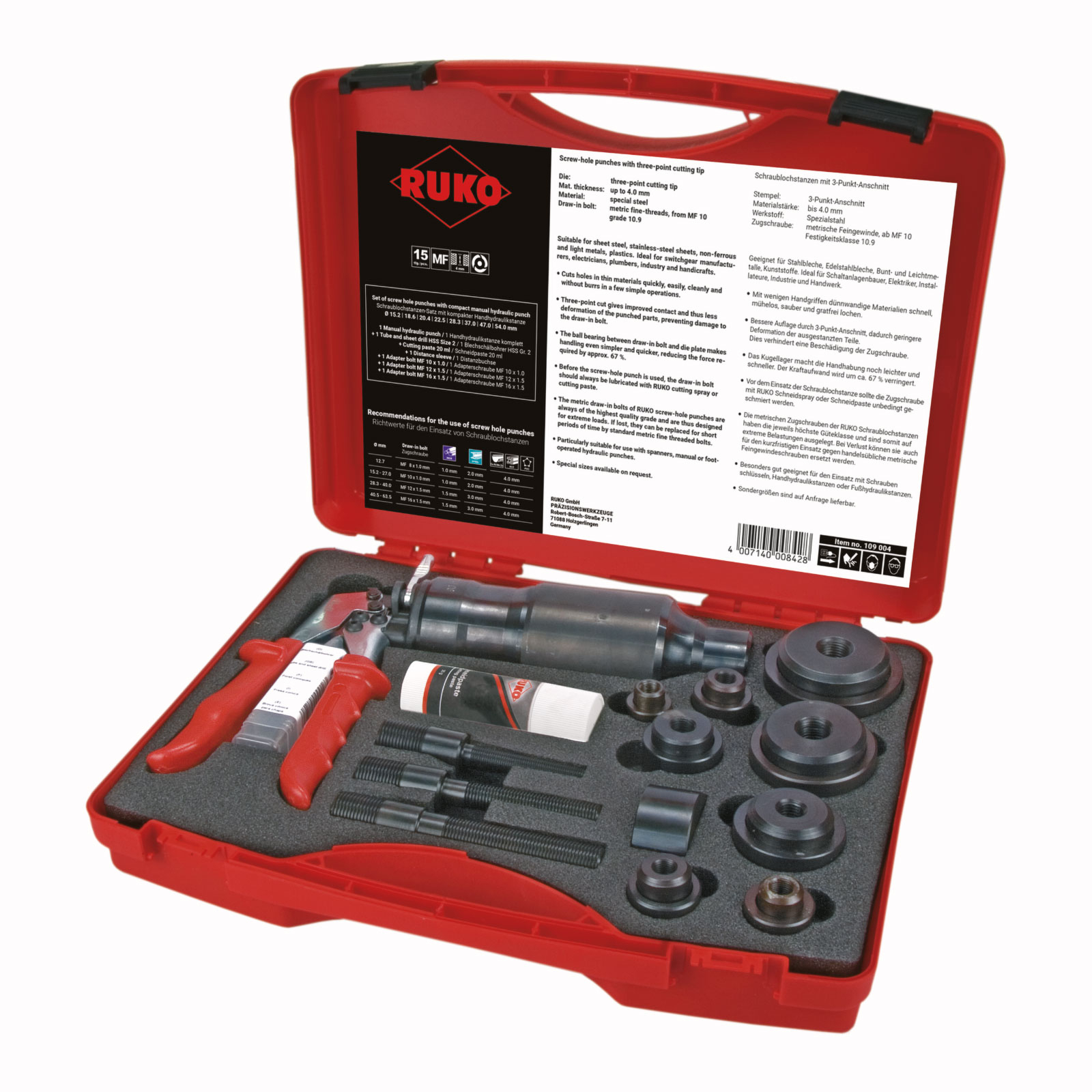 RUKO Schraublochstanzen-Satz mit kompakter Handhydraulikstanze im Kunststoffkoffer - 14 tlg. - 109004