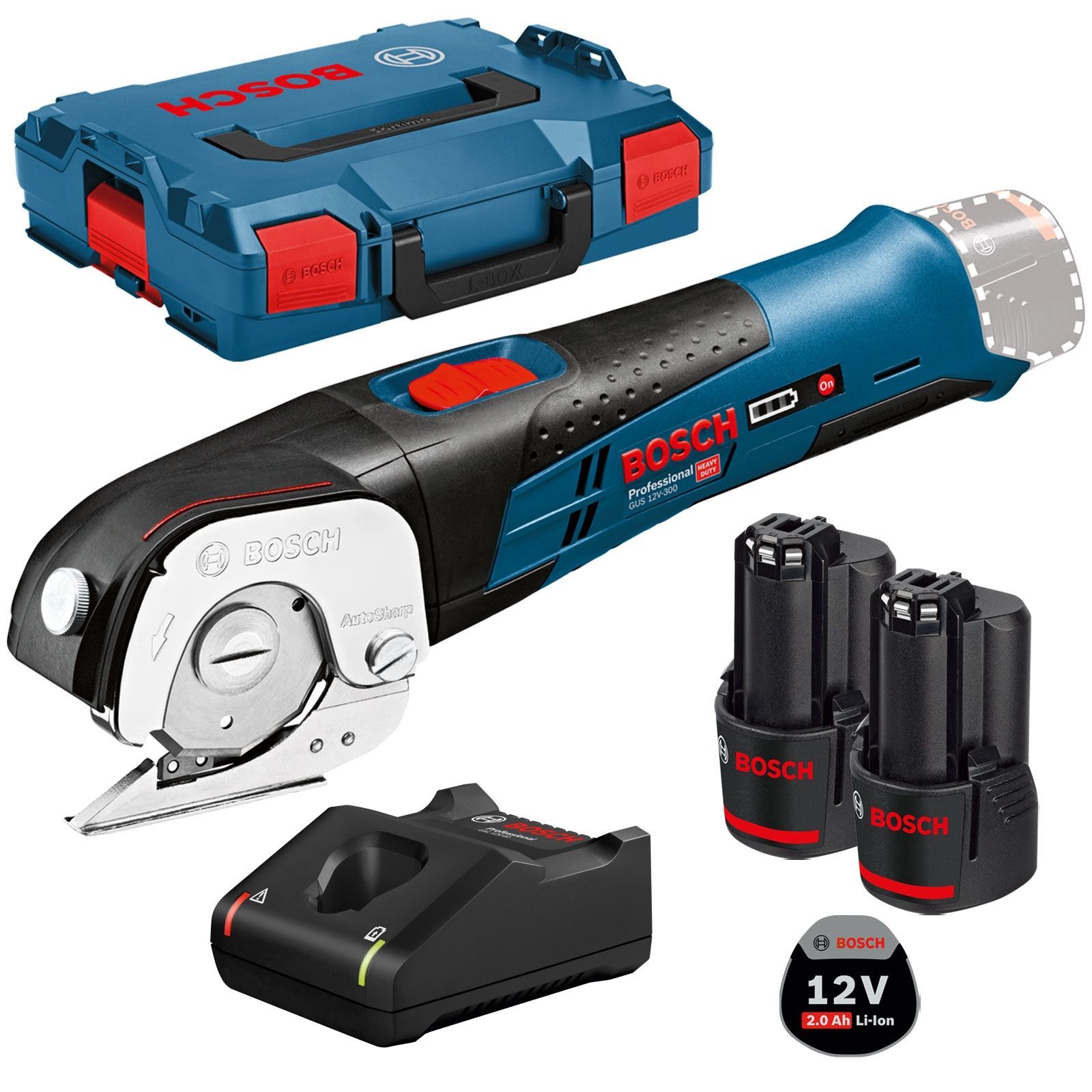 Bosch Akku-Universalschere GUS 12V-300 12 V / 2x 2,0 Ah Akku + Ladegerät in L-Boxx - 06019B2904