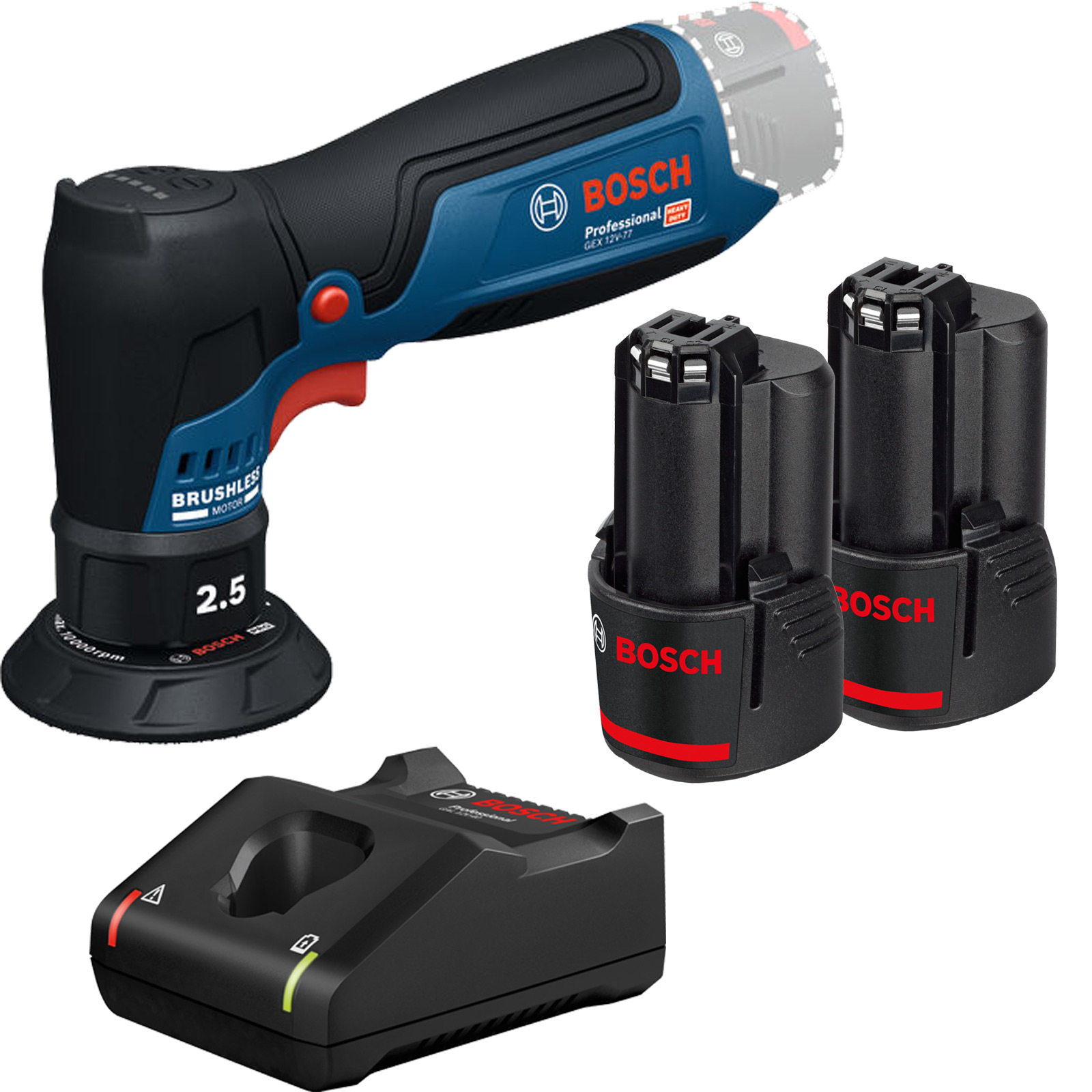 Bosch Akku-Exzenterschleifer GEX 12V-77 / 2x 2,0 Ah + Ladegerät GAL 12V-40 - 06019L2100-1