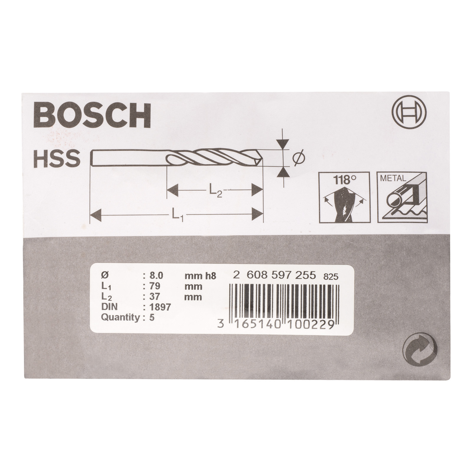 Bosch 5x Karosseriebohrer HSS-R DIN 1897 8 x 37 x 79 mm - 2608597255