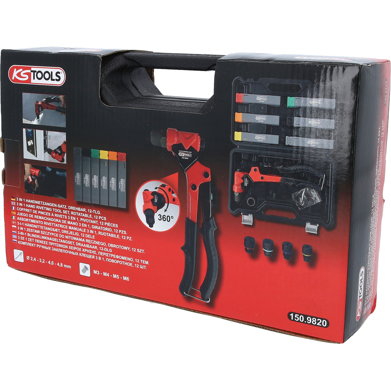 KS TOOLS 3 in 1 Handnietzangen-Satz, drehbar, 12-tlg. - 150.9820