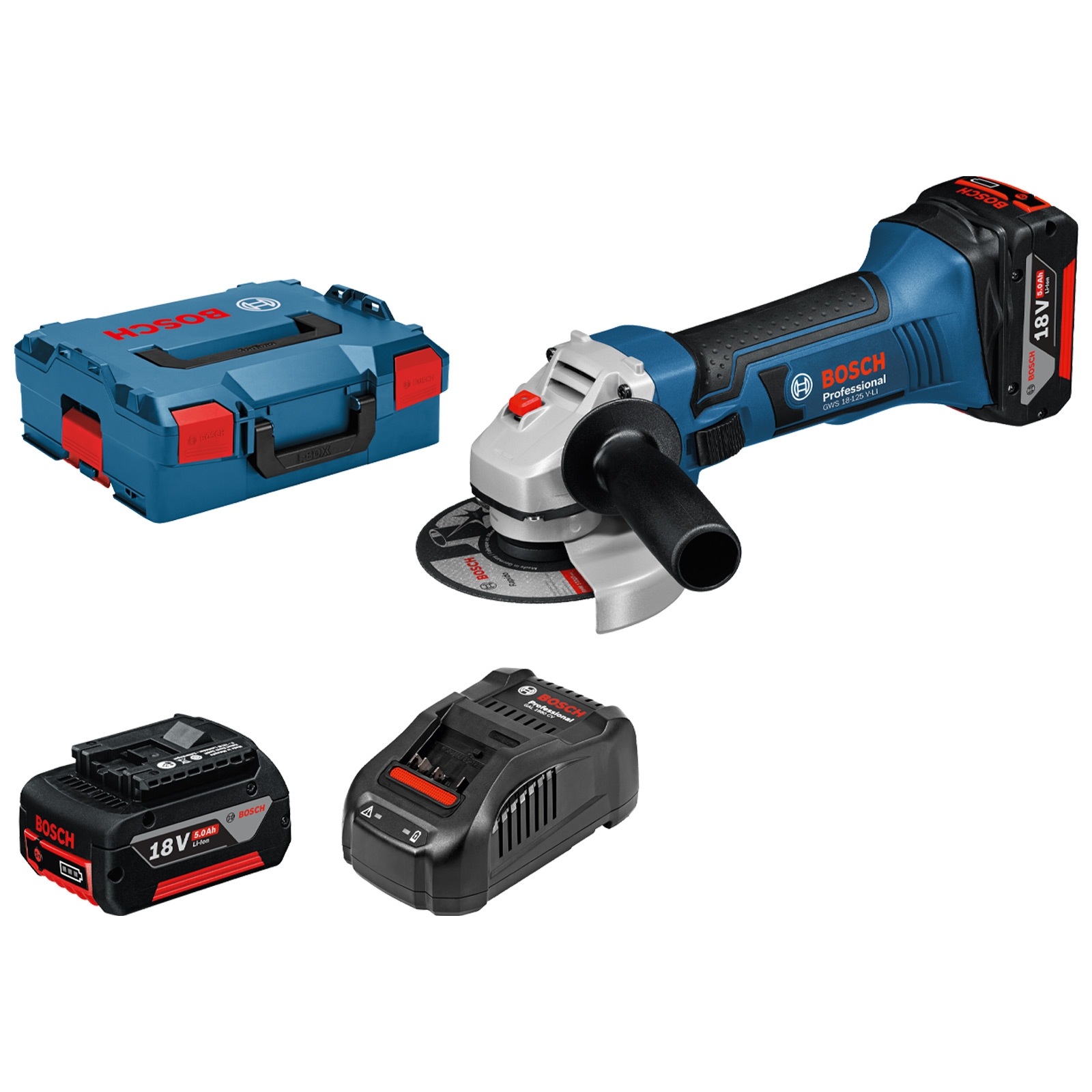Bosch Akku-Winkelschleifer GWS 18V-Li Ø 125 mm / 2x 5,0 Ah Akku + Ladegerät inkl. Zubehör-Set in L-Boxx - 060193A30L