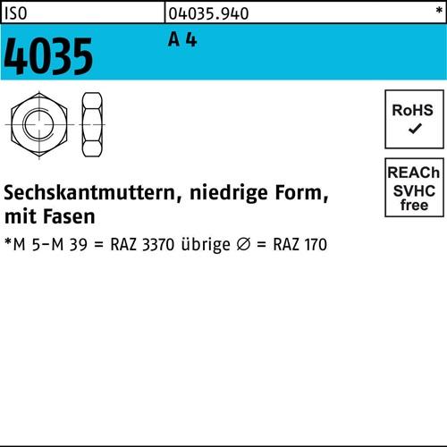 Sechskantmutter ISO 4035 niedrig Fasen M4 A 4 100 Stück