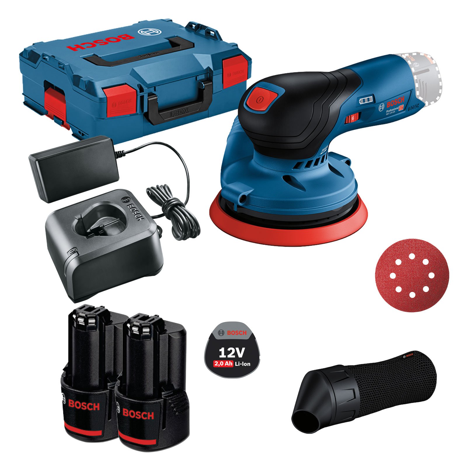 Bosch Akku-Exzenterschleifer GEX 12V-125 / 2x 2,0 Ah Akku + Ladegerät inkl. Zubehör-Set in L-Boxx