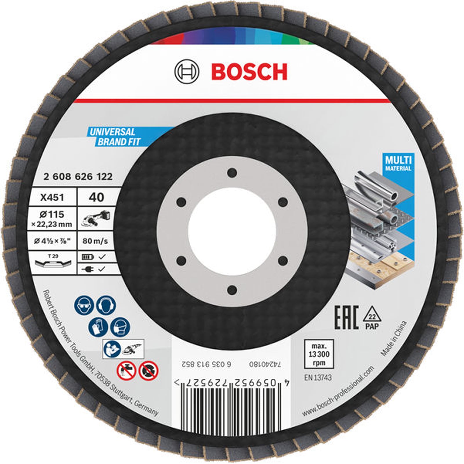 Bosch X451 Fächerschleifscheibe, 115 x 22,23 mm, K40, Z29, 15-tlg