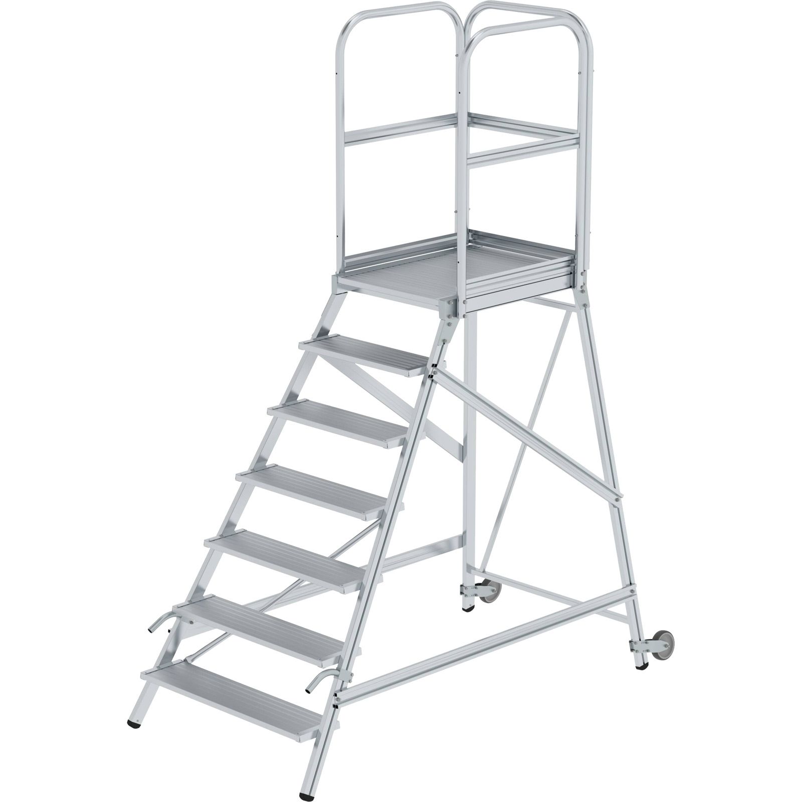 Günzburger Steigtechnik Podesttreppe einseitig begehbar mit Rollen & Griffen Aluminium geriffelt 7 Stufen - 056107