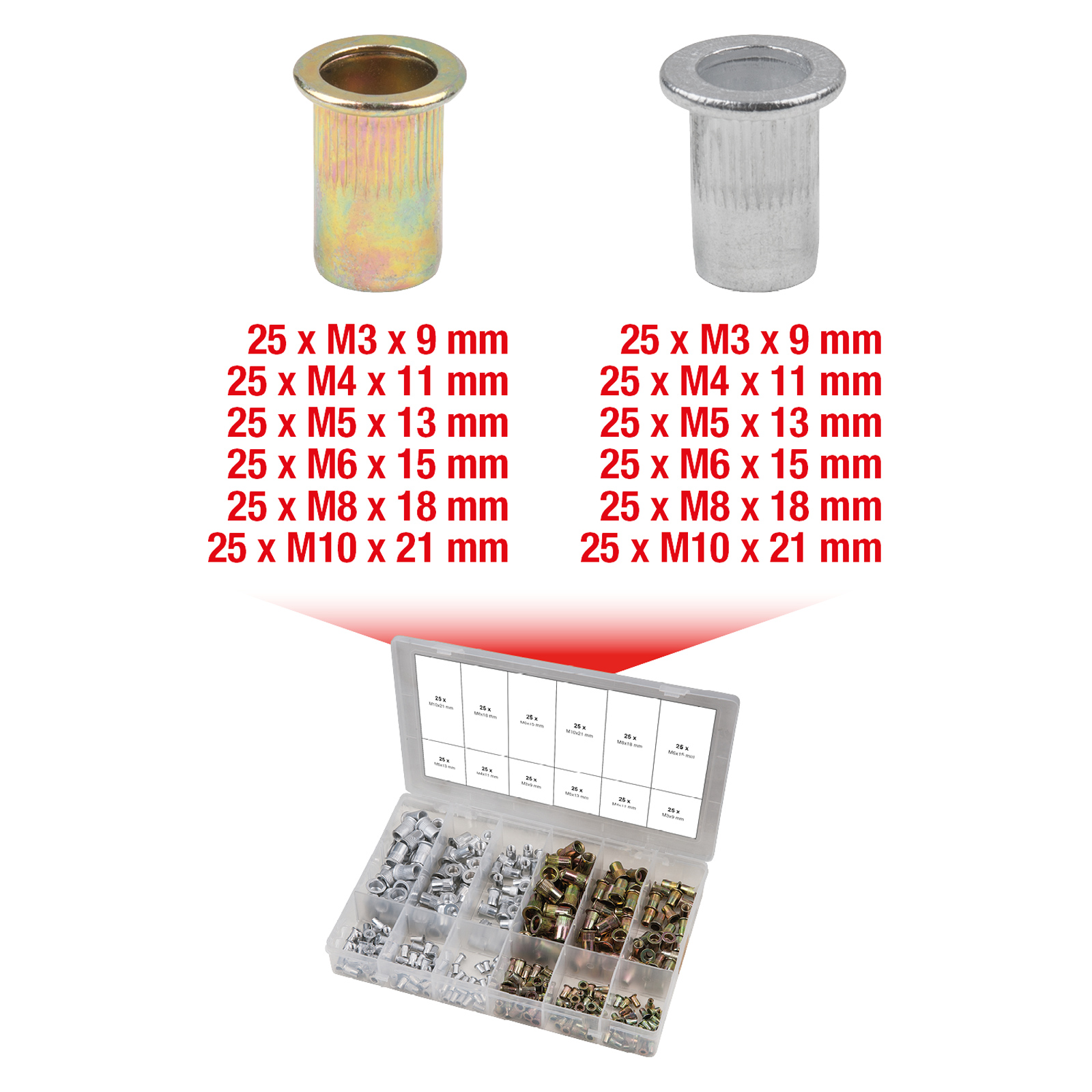 KS TOOLS Sortiment Gewindenieten Stahl und Aluminium M3 x 9 mm - M10 x 21 mm 300tlg. - 970.0630