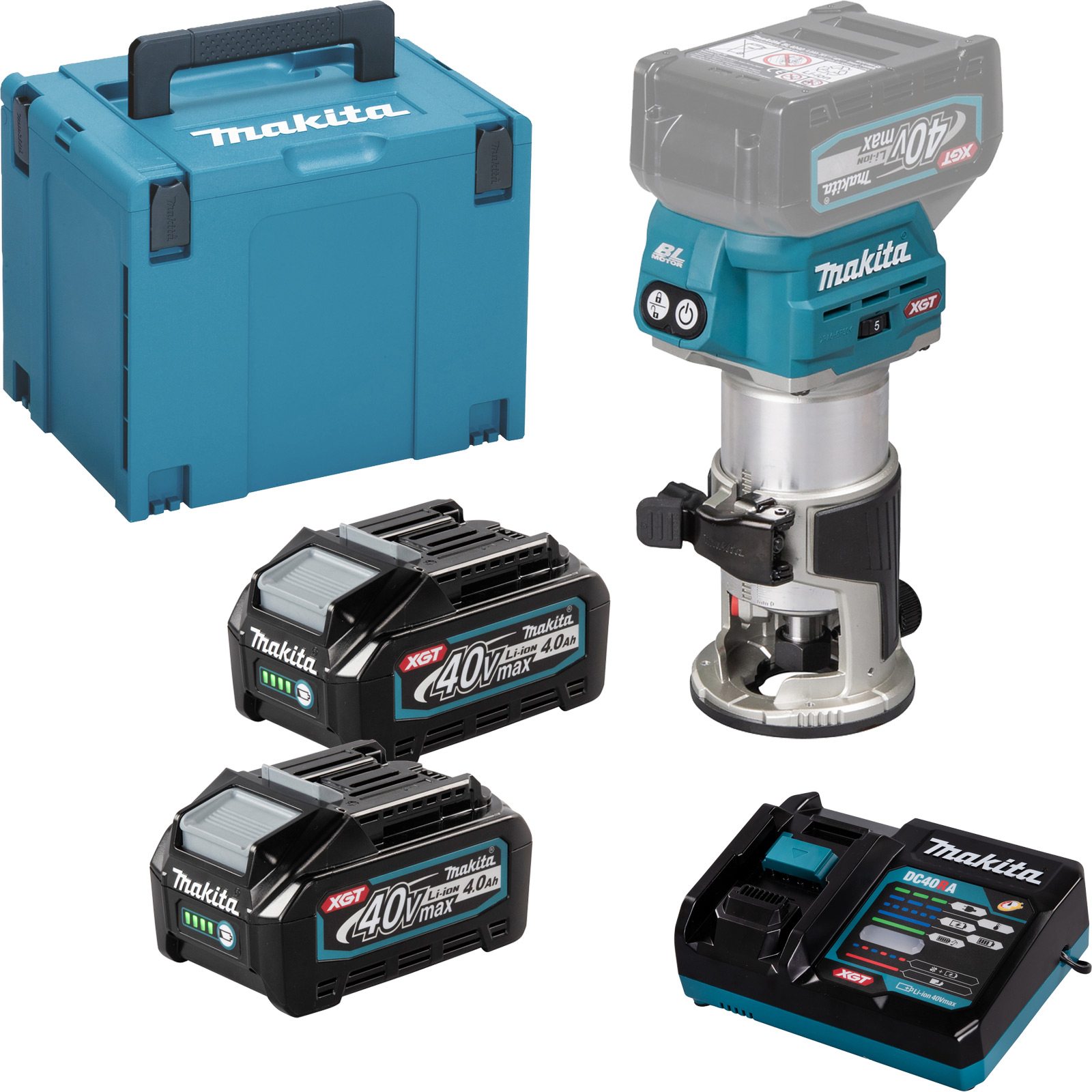 Makita RT001GM205 Akku-Multifunktionsfräse 40V max. inkl. Zubehör / 2x 4,0 Ah Akku + Ladegerät im MAKPAC