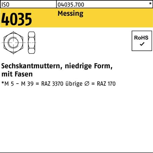 Sechskantmutter ISO 4035 niedrig Fasen M3 Messing 1000 Stück