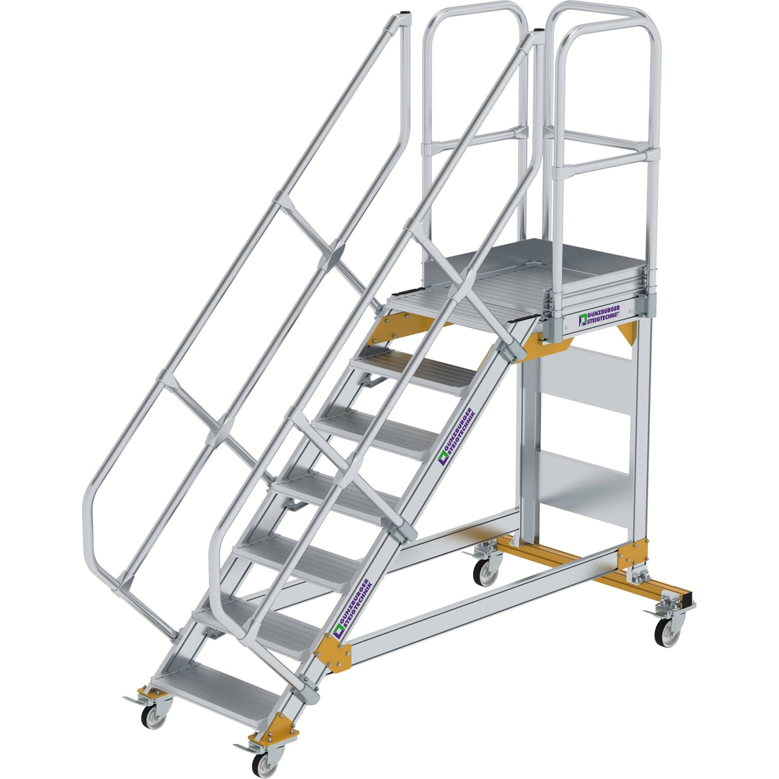Günzburger Steigtechnik Plattformtreppe 45° fahrbar Stufenbreite 0,6 m 7 Stufen Aluminium geriffelt - 600767