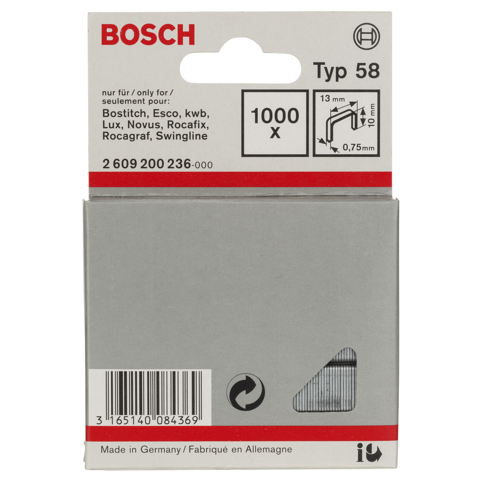 Bosch 1.000x Feindrahtklammer Typ 58, 13 x 0,75 x 10 mm - 2609200236