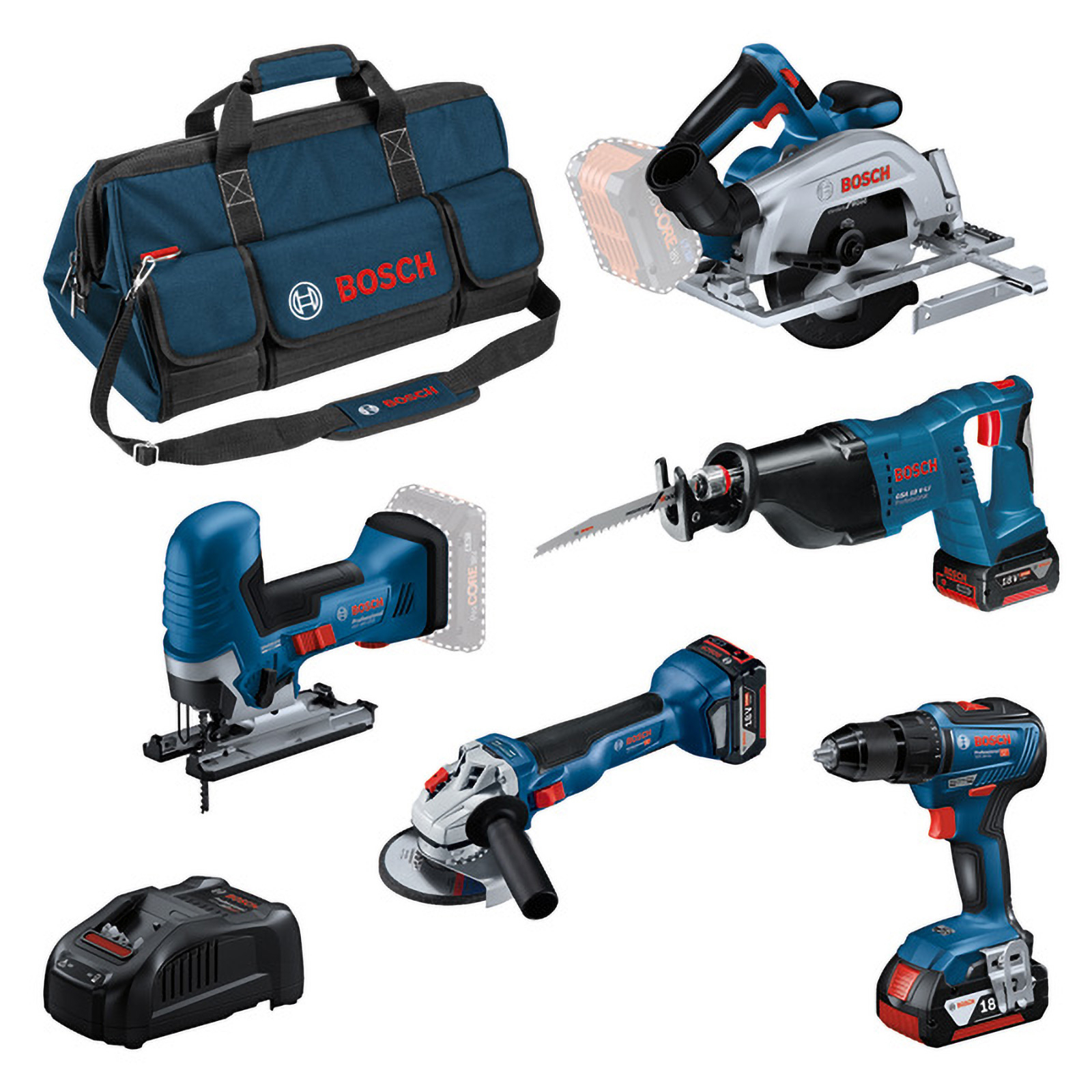 Bosch Combo Kit 18V: Akku-Bohrschrauber GSR 18V-55+Akku-Winkelschleifer GWS 18V-10+Akku-Stichsäge GST 18V-125 S+Akku-Säbelsäge GSA 18V-LI+Akku-Handkreissäge 18V-57-2 L / 3x 4,0Ah + Ladegerät in Tasche - 0615A5004E