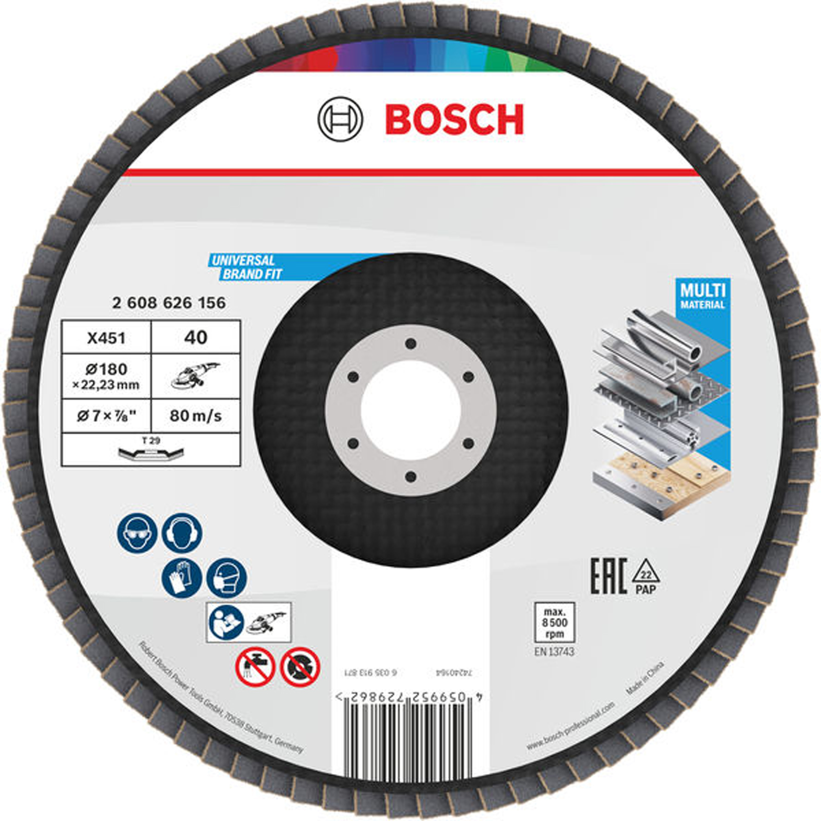 Bosch X451 Fächerschleifscheibe, 180 x 22,23 mm, K40, Z29, 15-tlg