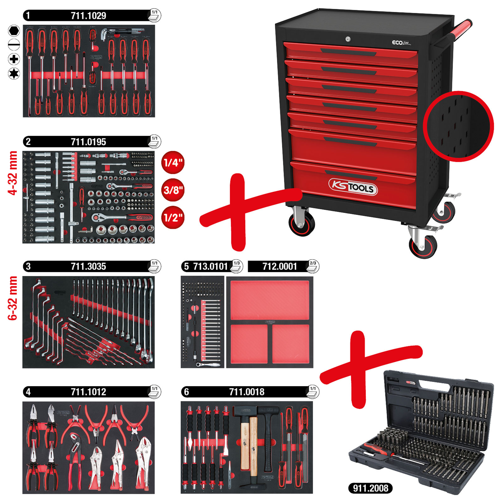 KS TOOLS ECOline SCHWARZ/ROT Werkstattwagen mit 7 Schubladen und 598 Premium-Werkzeugen - 897.7598