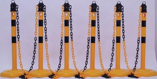 Sperrpfostenset PU gelb/schwarz m.Sechskantfuß D63xH1.000mm 6 Pfosten u.5 Ketten - 12463 SG