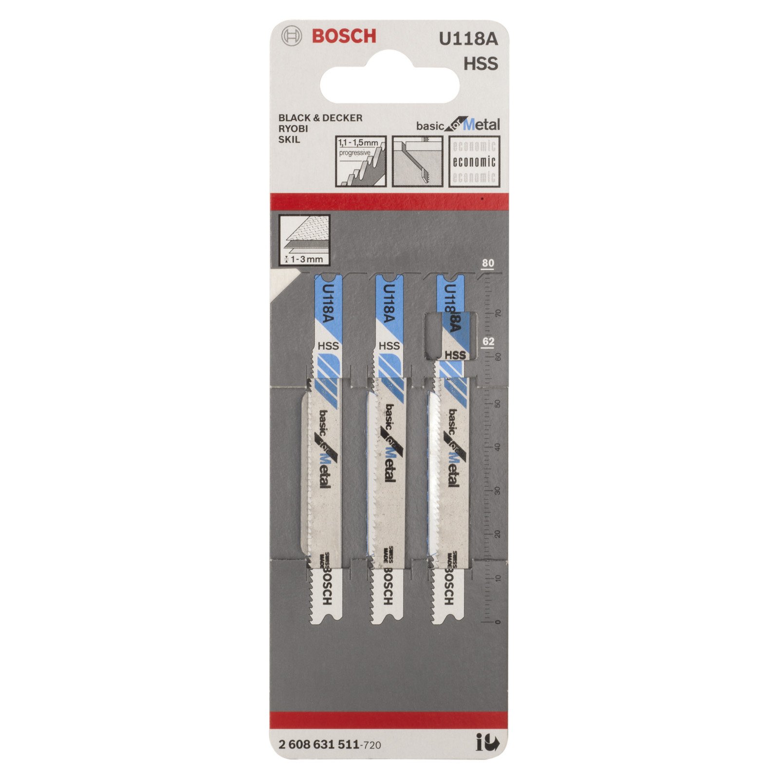 Bosch 3x Stichsägeblatt U 118 A Basic for Metal - 2608631511