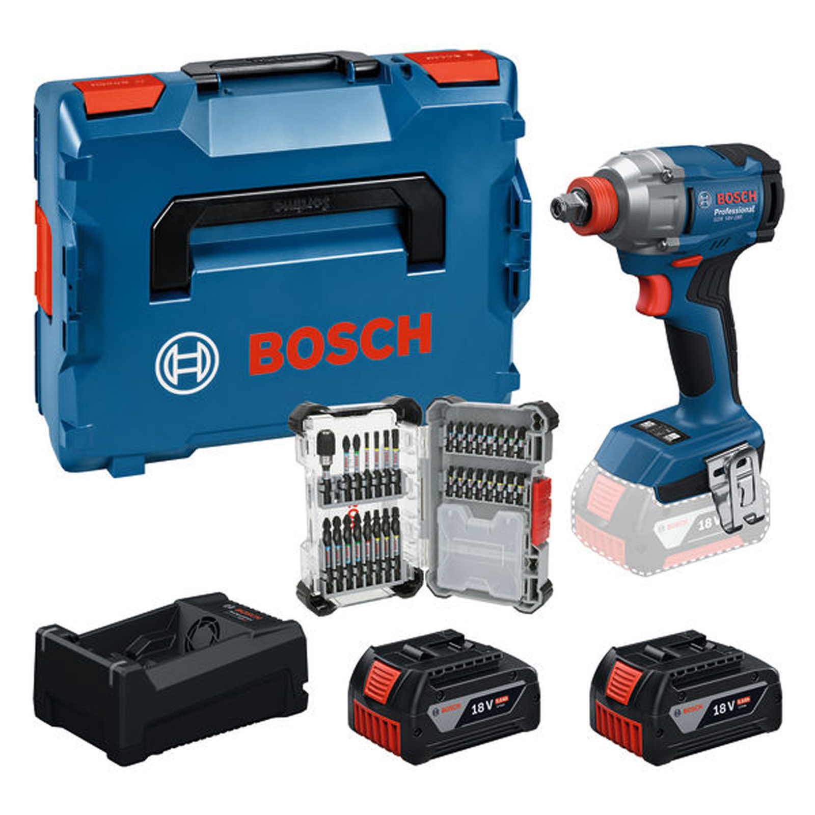 Bosch Werkzeug-Set: GDX 18V-285 / 2x Akku GBA 5.0Ah + Ladegerät + 31-tlg. Bit-Set in L-BOXX - 0615A500DY