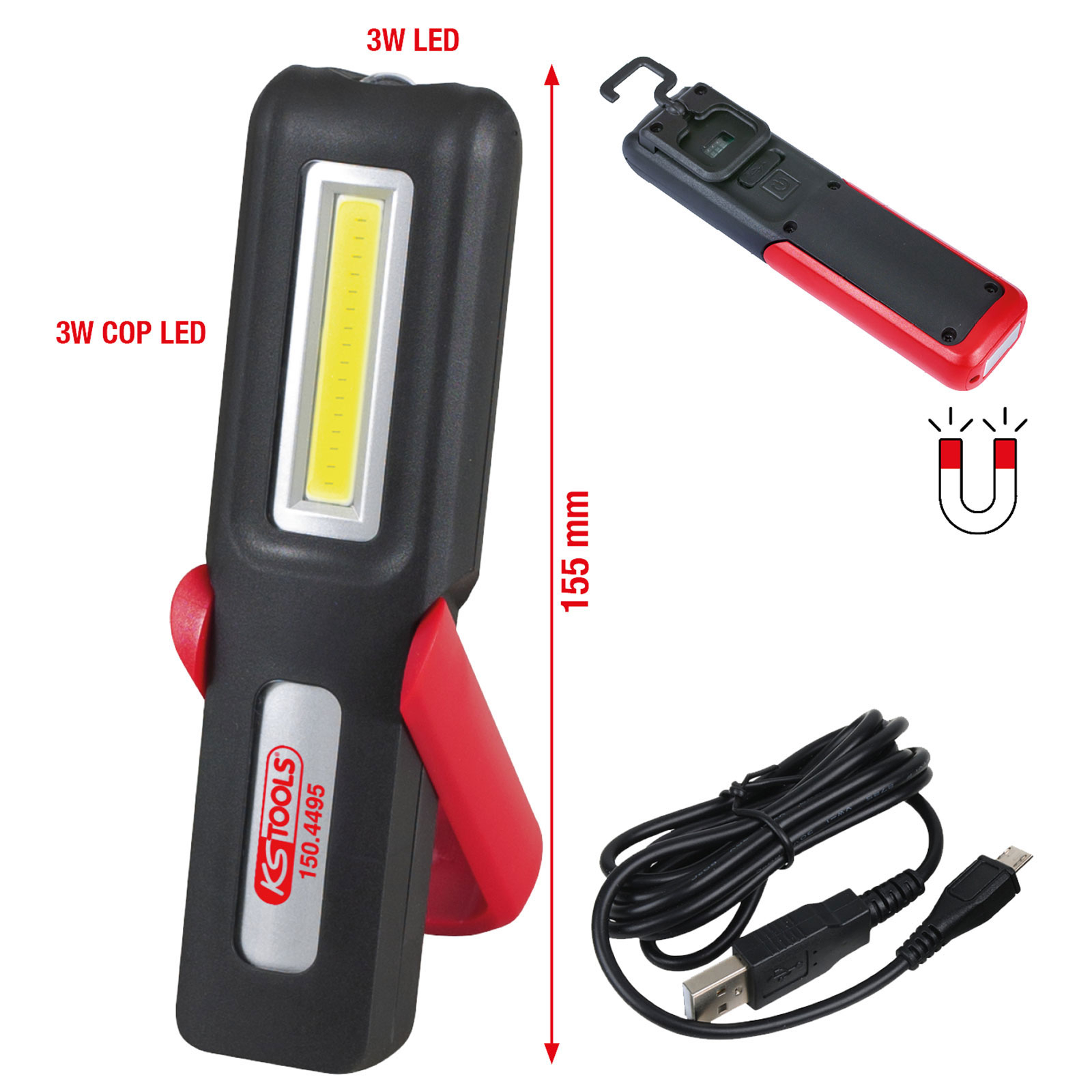 KS TOOLS Mobile Werkstatt-Handlampe knickbar 3 Watt COB LED - 150.4495