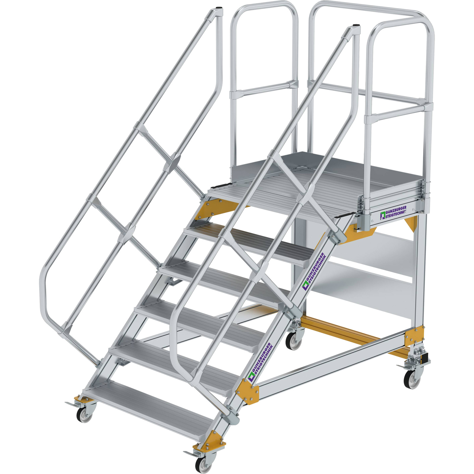 Günzburger Steigtechnik Plattformtreppe 45° fahrbar Stufenbreite 1 m 6 Stufen Aluminium geriffelt - 600806