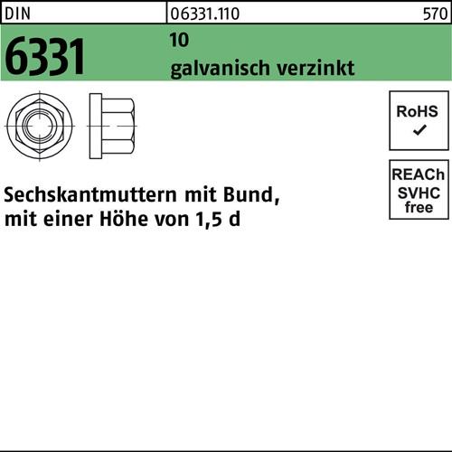 Sechskantmutter DIN 6331 Bund M6 SW 10 10 galv.verz. 100 Stück