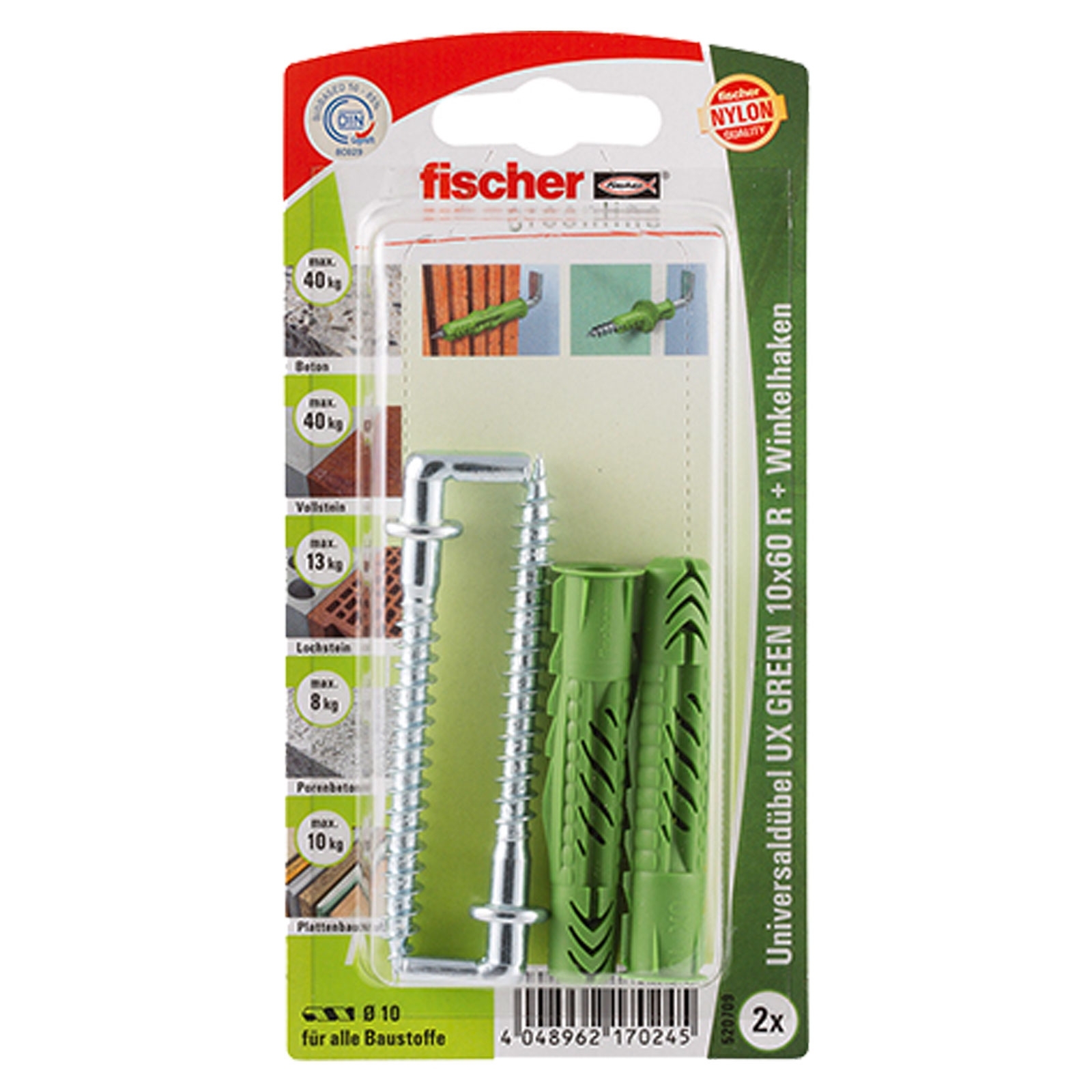 Fischer 2x Universaldübel UX GREEN 10 x 60 R WH mit Rand und Winkelhaken - 520709