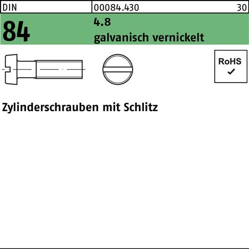 Zylinderschraube DIN 84/ISO 1207 Schlitz M4x10 4.8 galv. vernickelt 2000St.