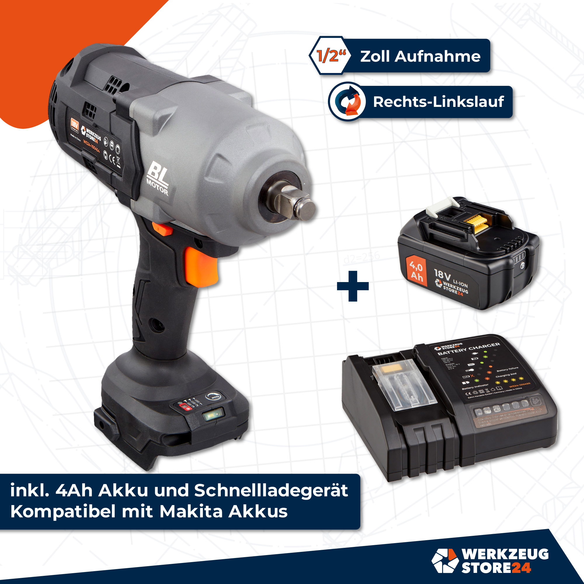 WS24 Akku-Drehschlagschrauber WDS 18 V 1/2" 1.600 NM / 1x 4,0 Ah Akku + Schnellladegerät